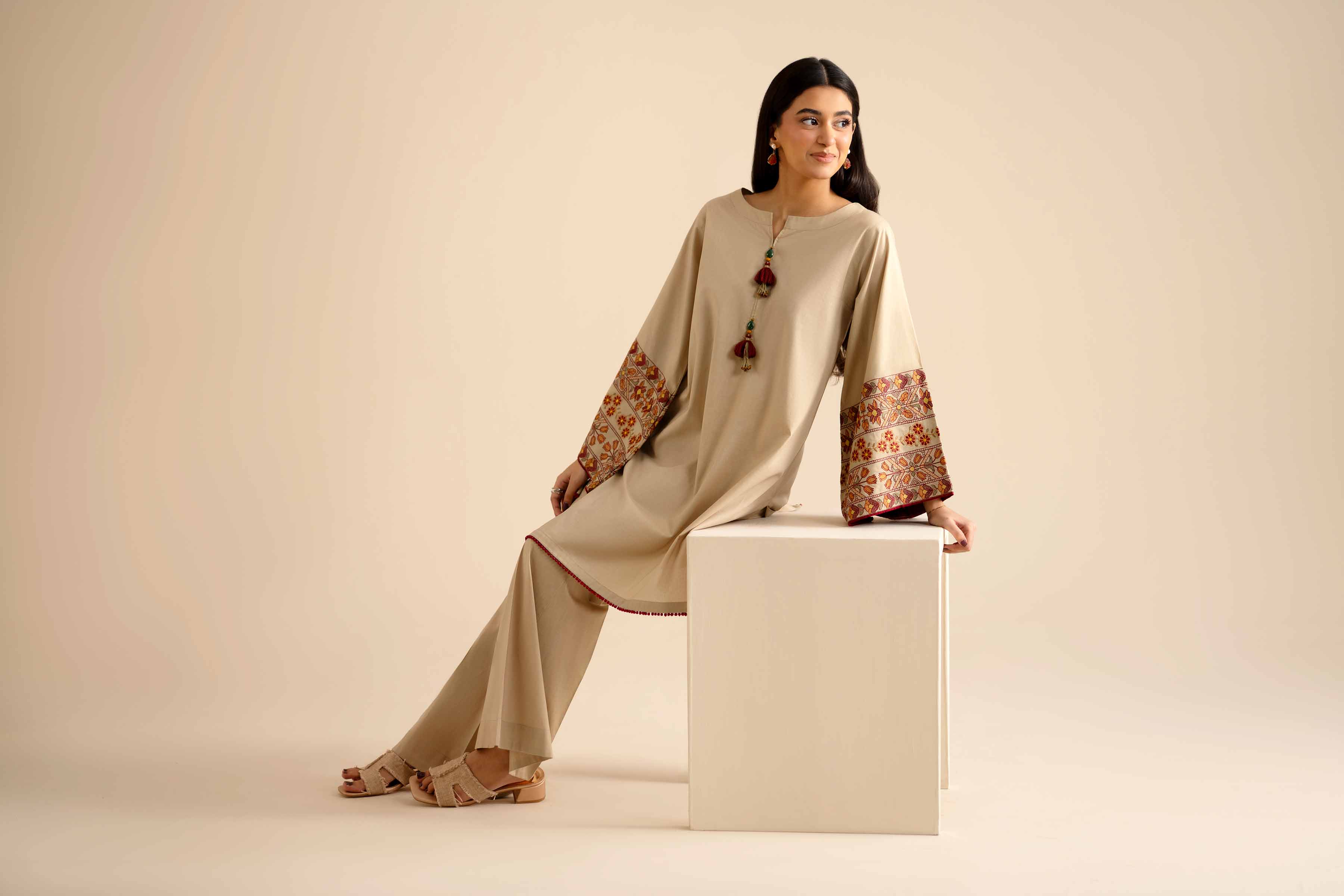 NISHATUAE - Beige Embroidered Cambric 2-piece Ready to wear Dress