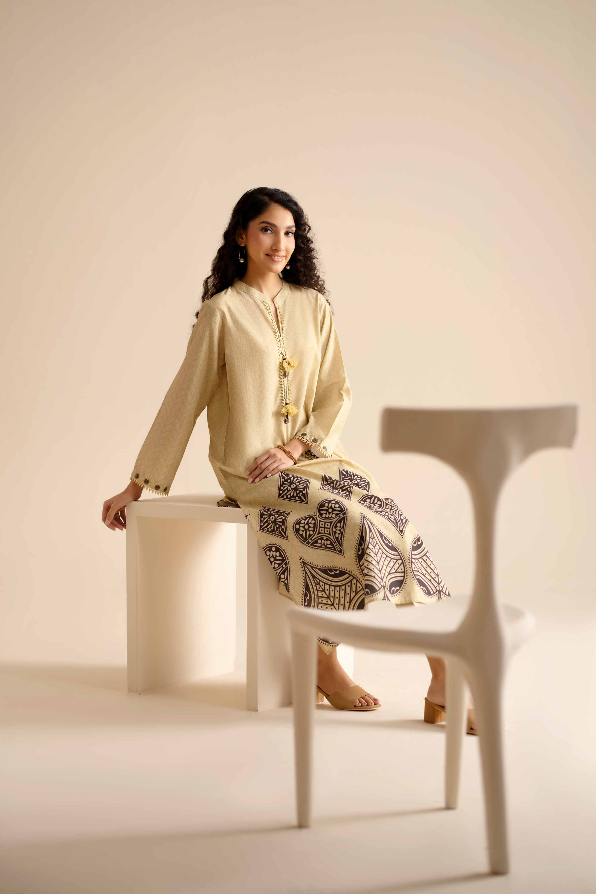 NISHATUAE - Beige Printed Tropical 2-piece Ready to wear Dress