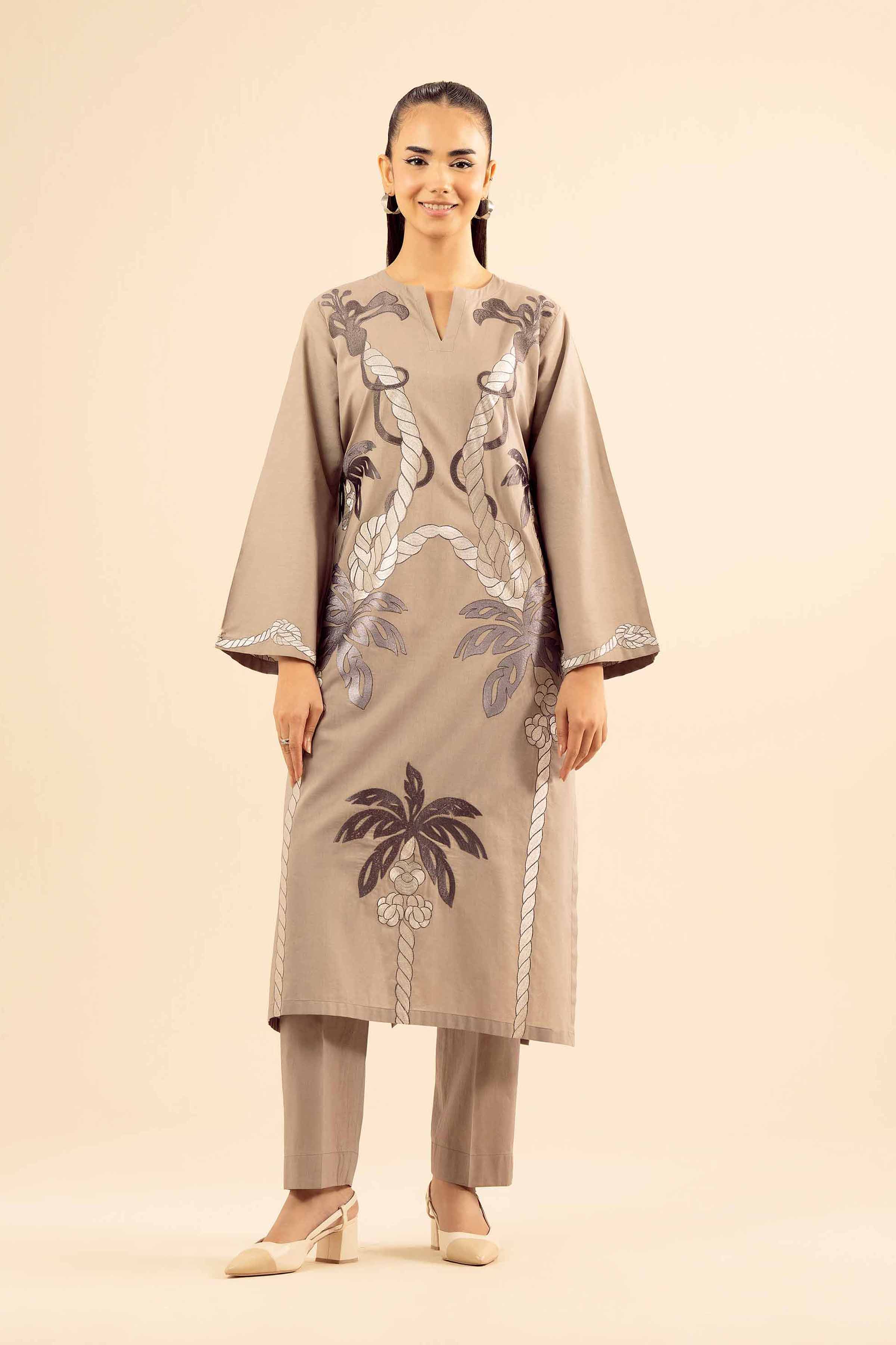 NISHATUAE - Grey Embroidered Tropical 2-piece Ready to wear Dress