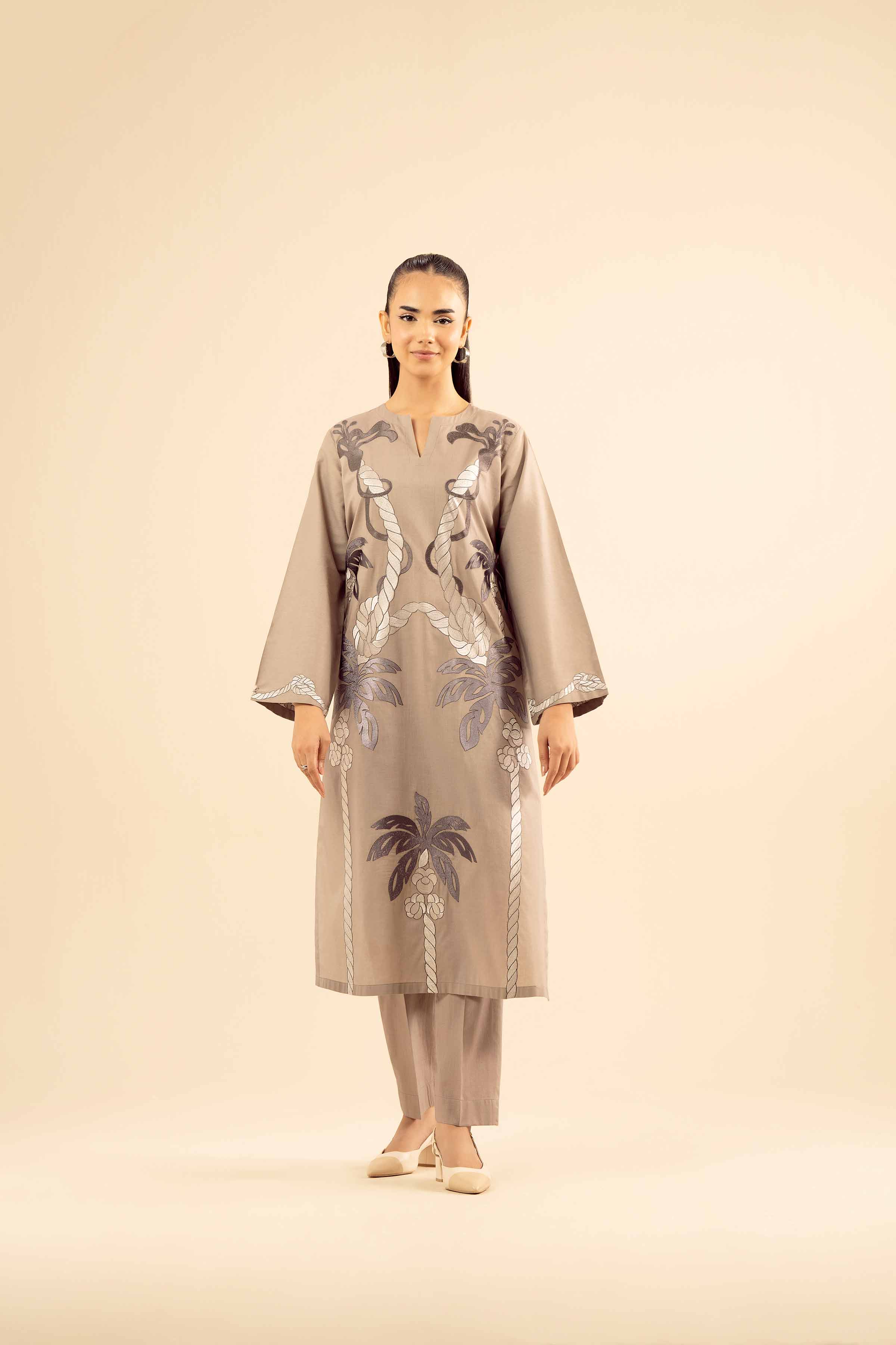 NISHATUAE - Grey Embroidered Tropical 2-piece Ready to wear Dress