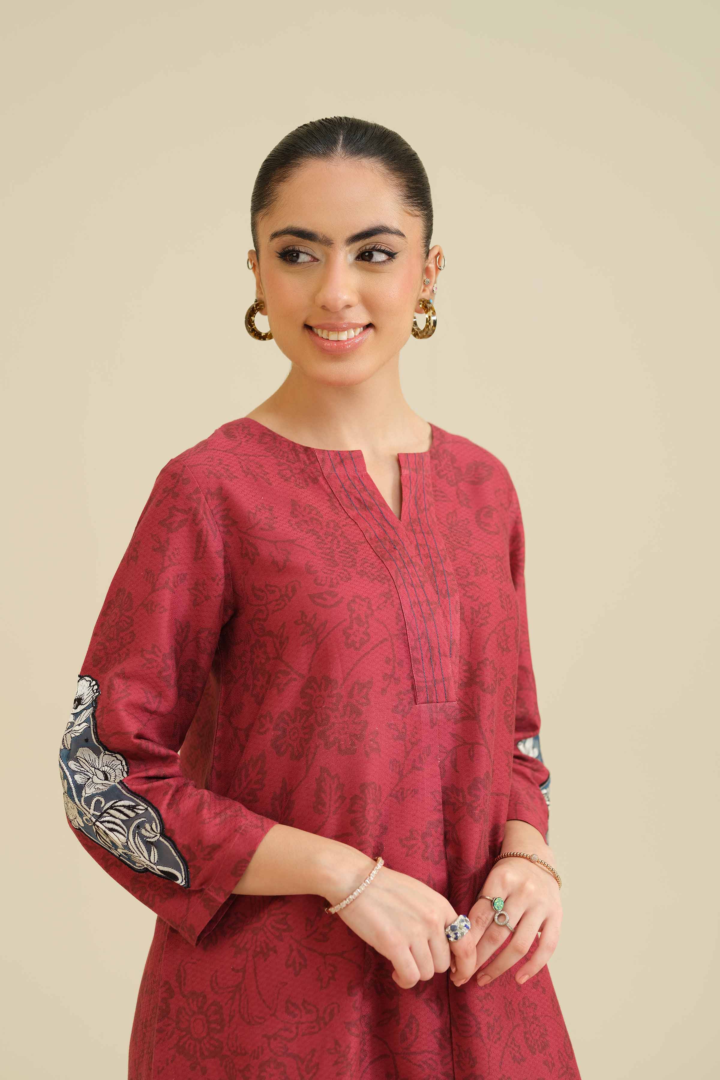 NISHATUAE - Maroon Embroidered Cambric Ready to wear Shirt