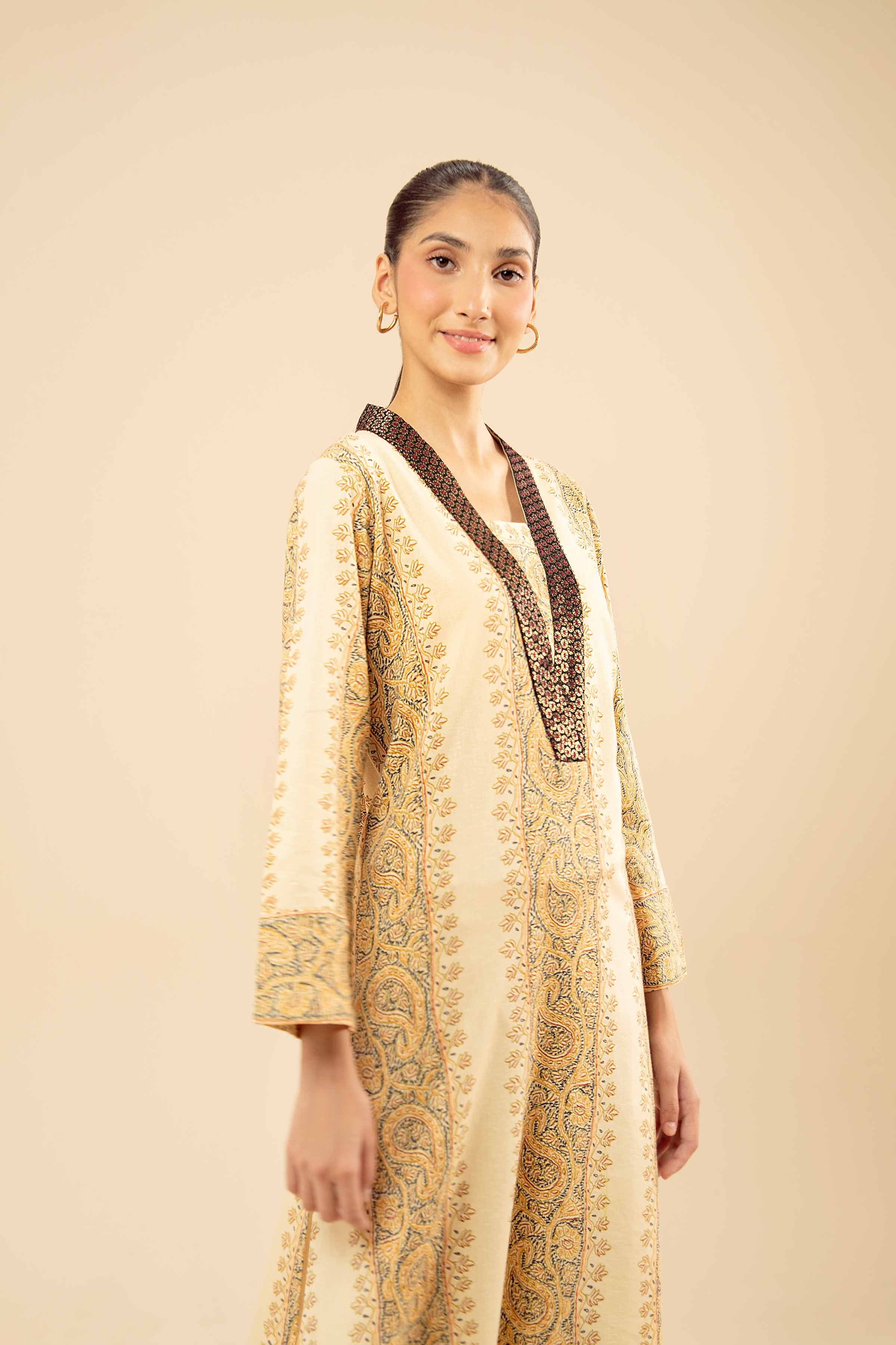 NISHATUAE - Beige Embroidered Karandi Ready to wear Shirt