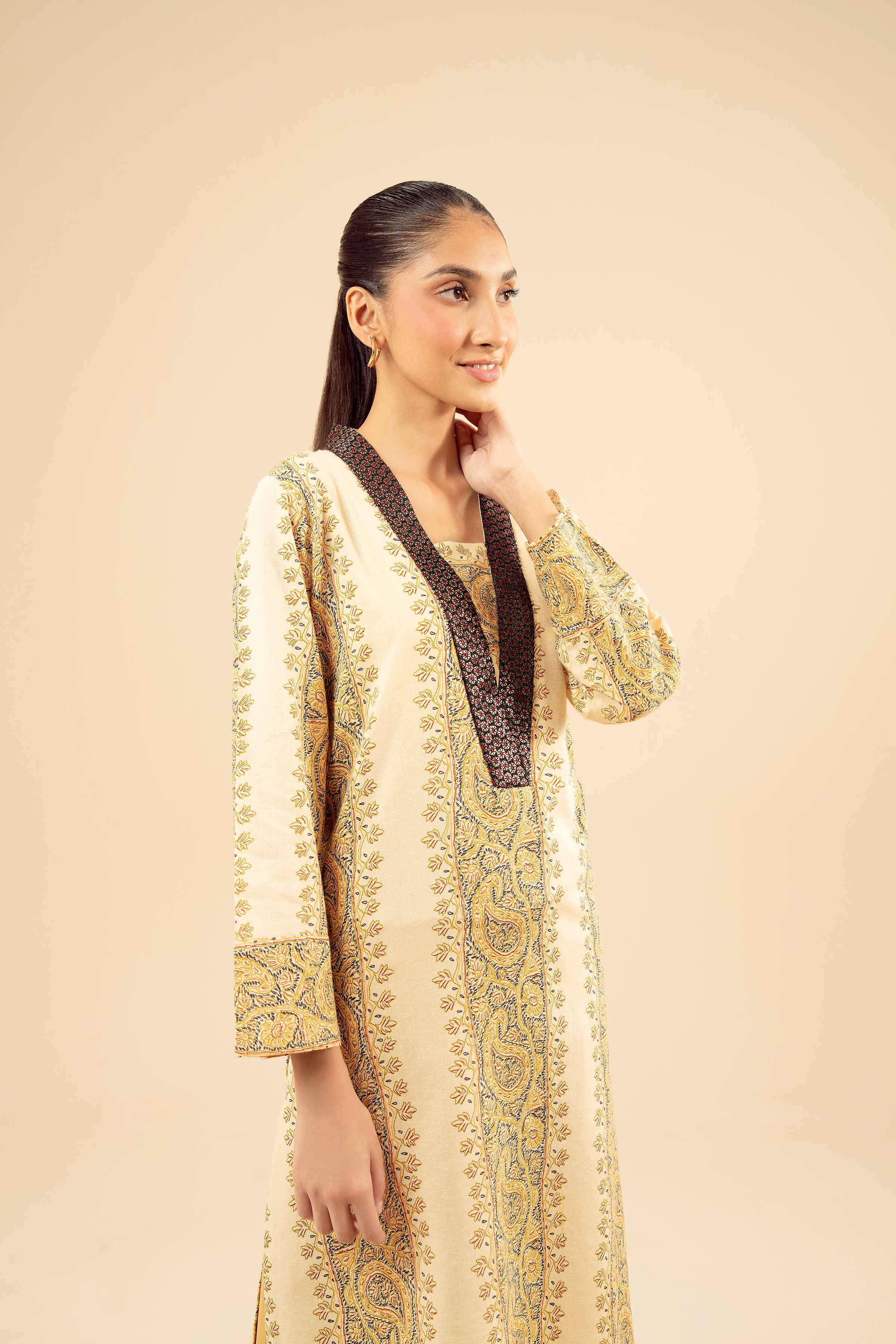 NISHATUAE - Beige Embroidered Karandi Ready to wear Shirt