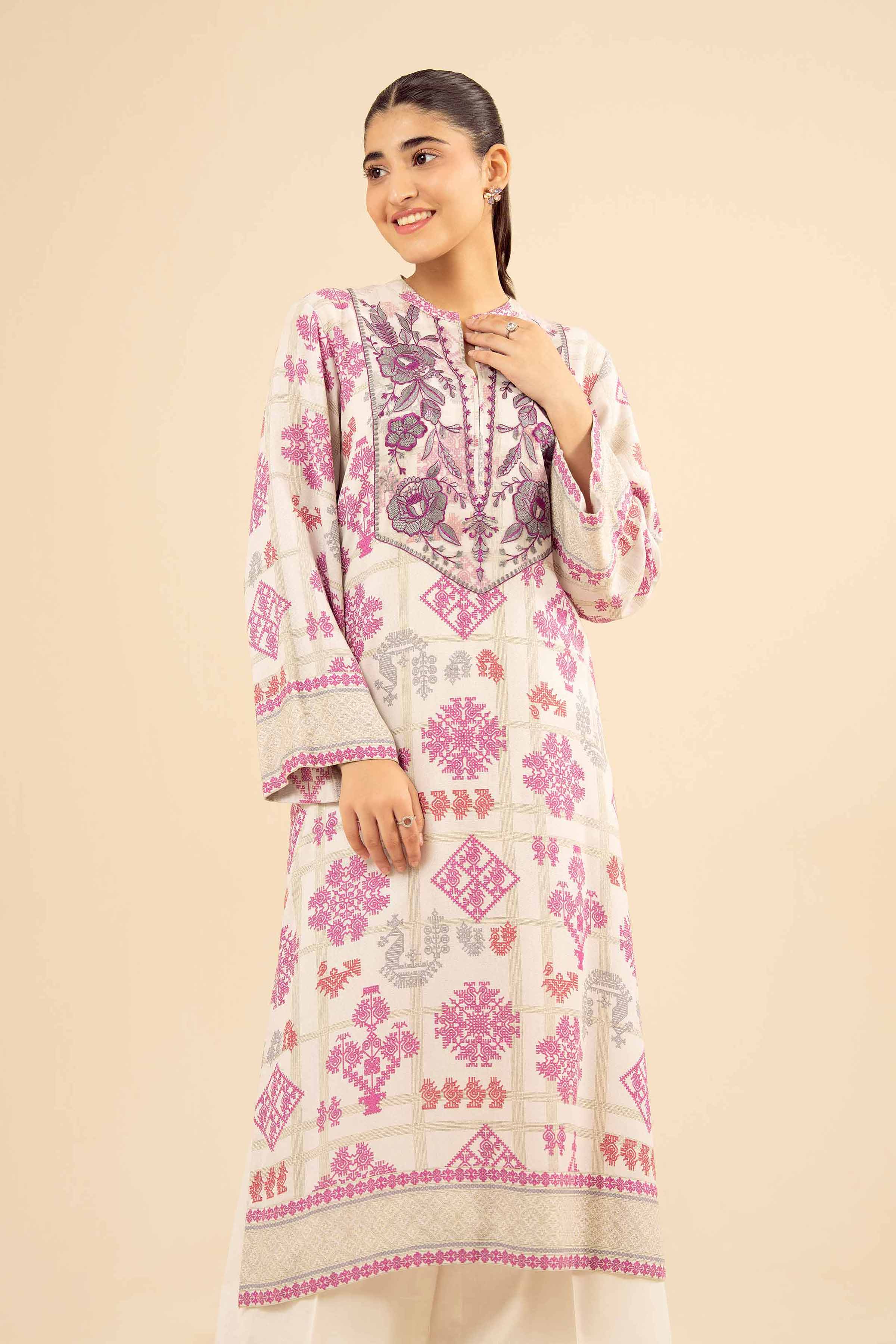 NISHATUAE - Off White Embroidered Karandi Ready to wear Shirt