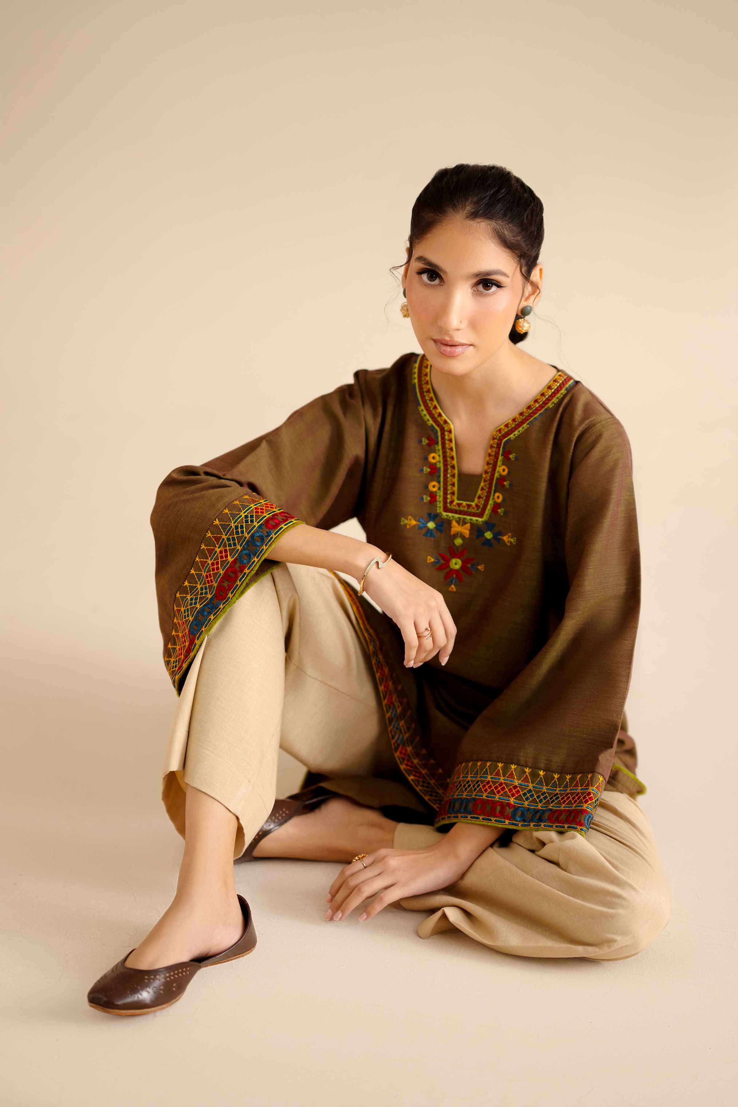 NISHATUAE - Brown Embroidered Khaddar Ready to wear Shirt