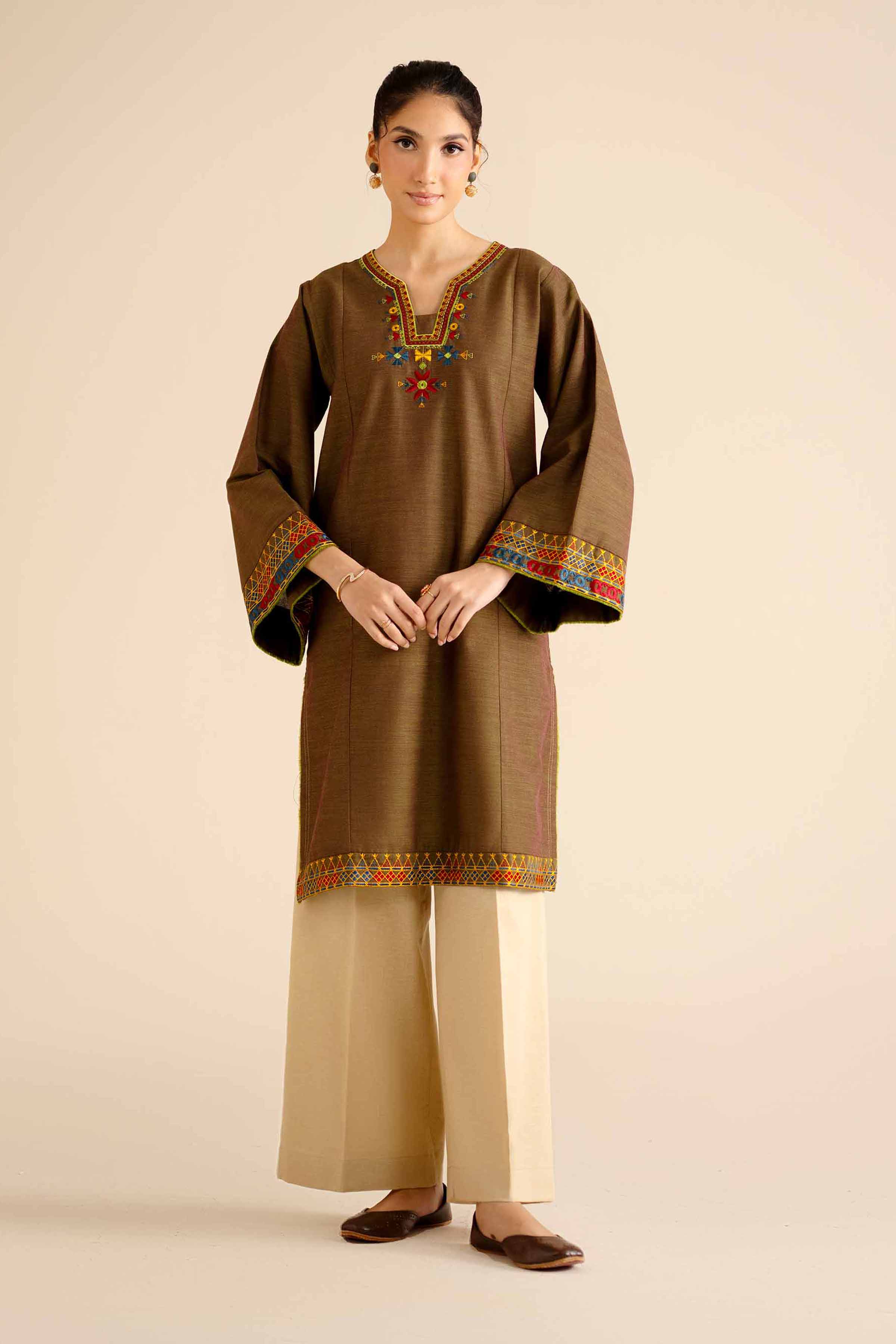 NISHATUAE - Brown Embroidered Khaddar Ready to wear Shirt