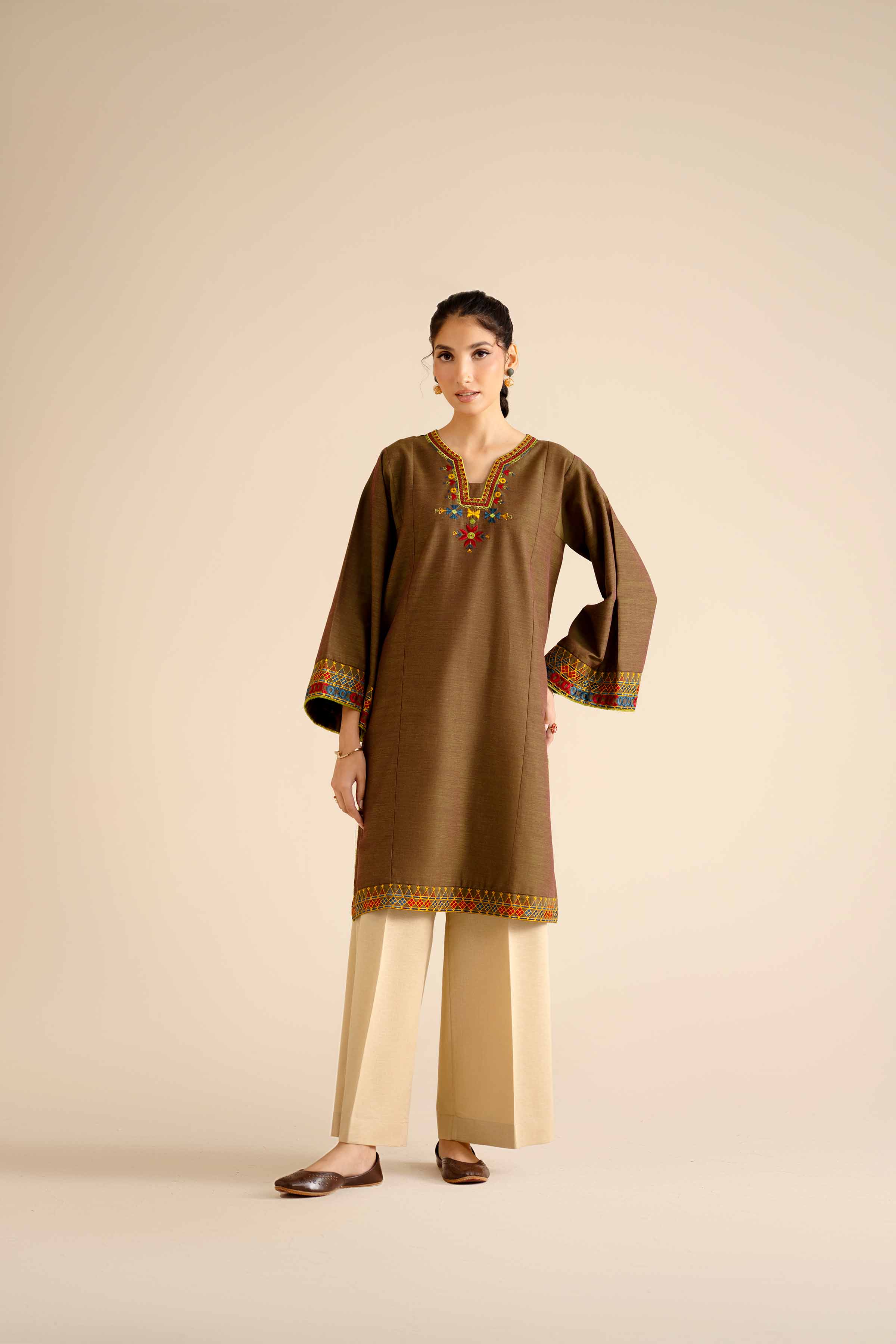 NISHATUAE - Brown Embroidered Khaddar Ready to wear Shirt