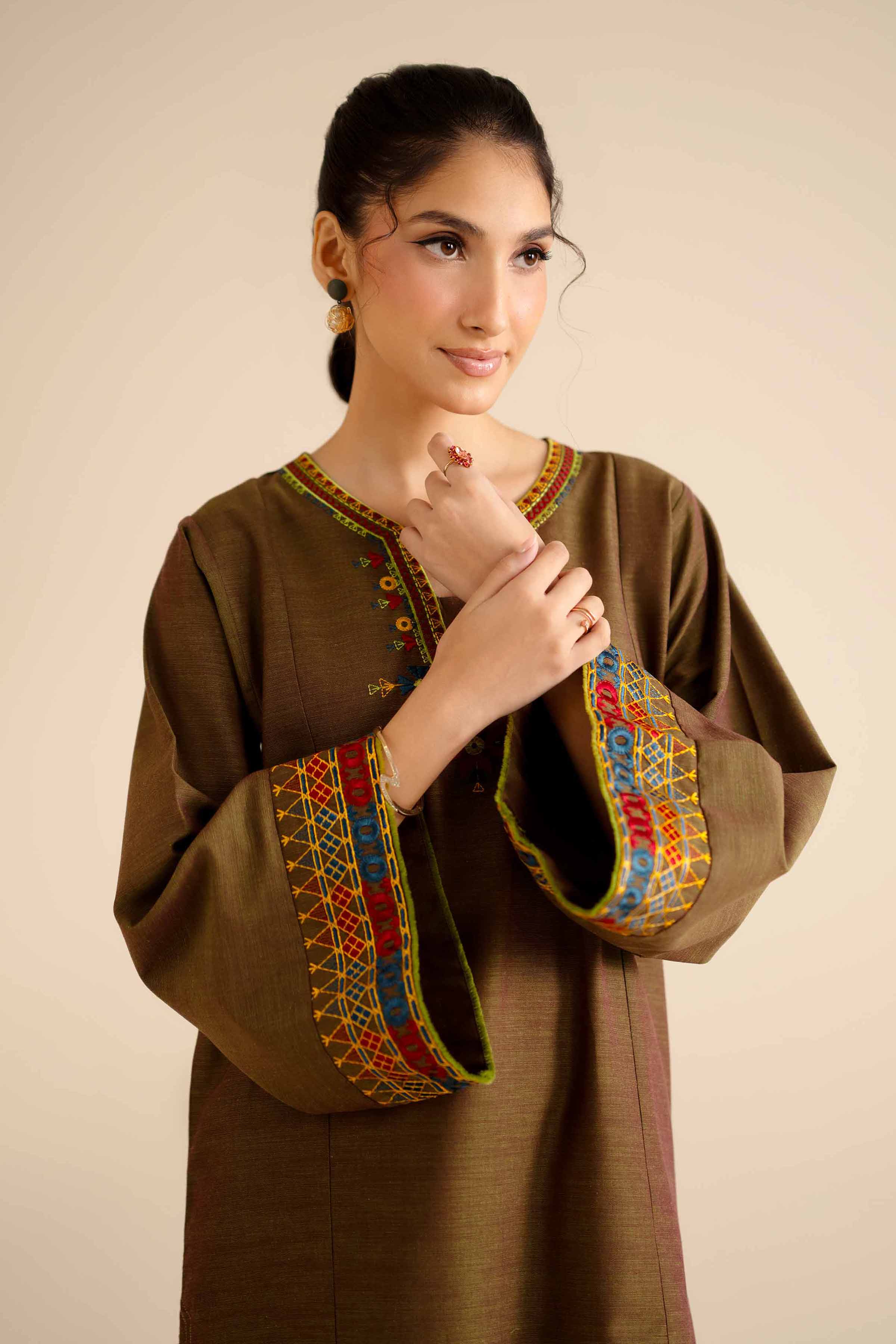 NISHATUAE - Brown Embroidered Khaddar Ready to wear Shirt