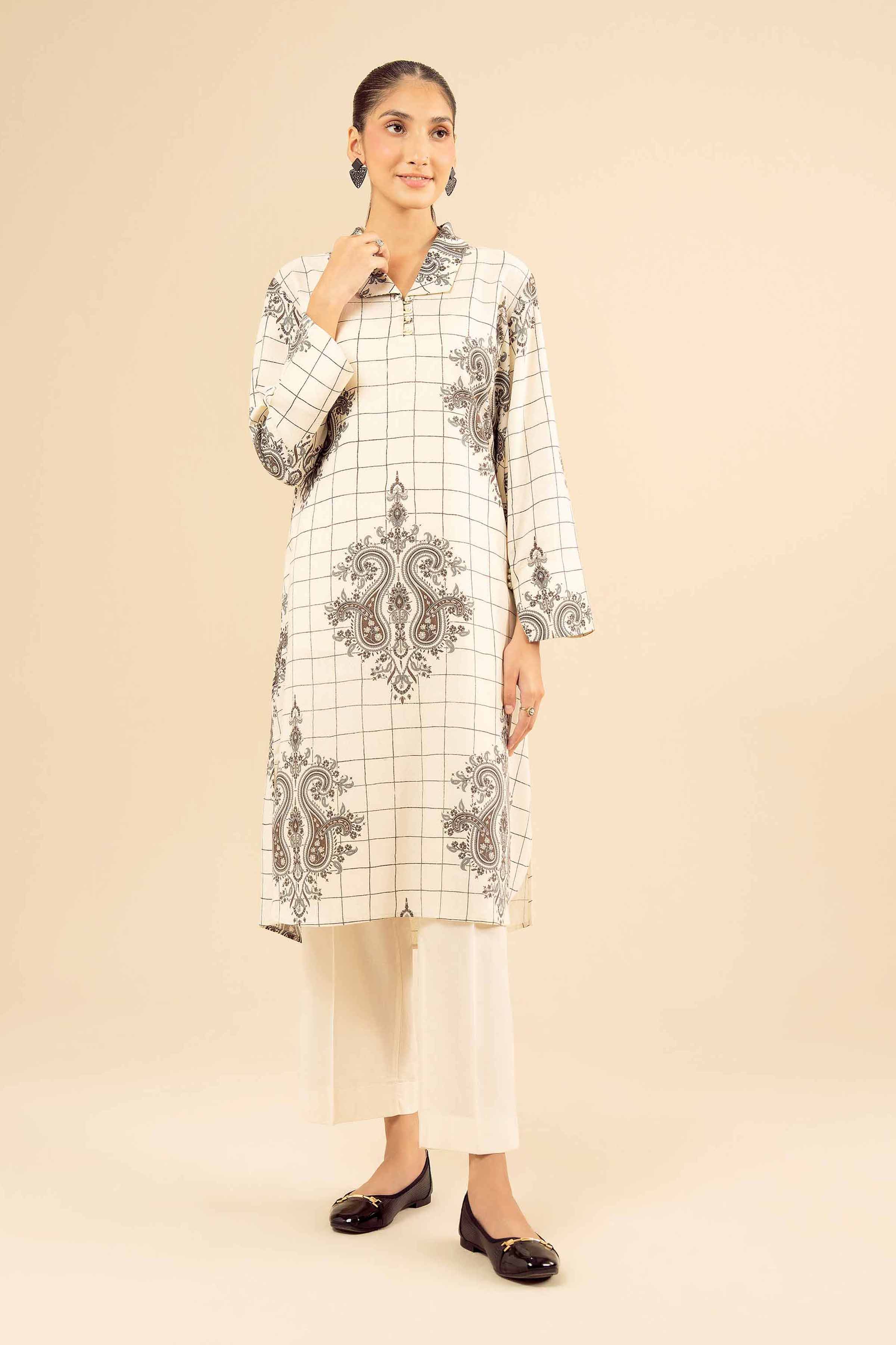 NISHATUAE - Off White Solids Karandi Ready to wear Shirt