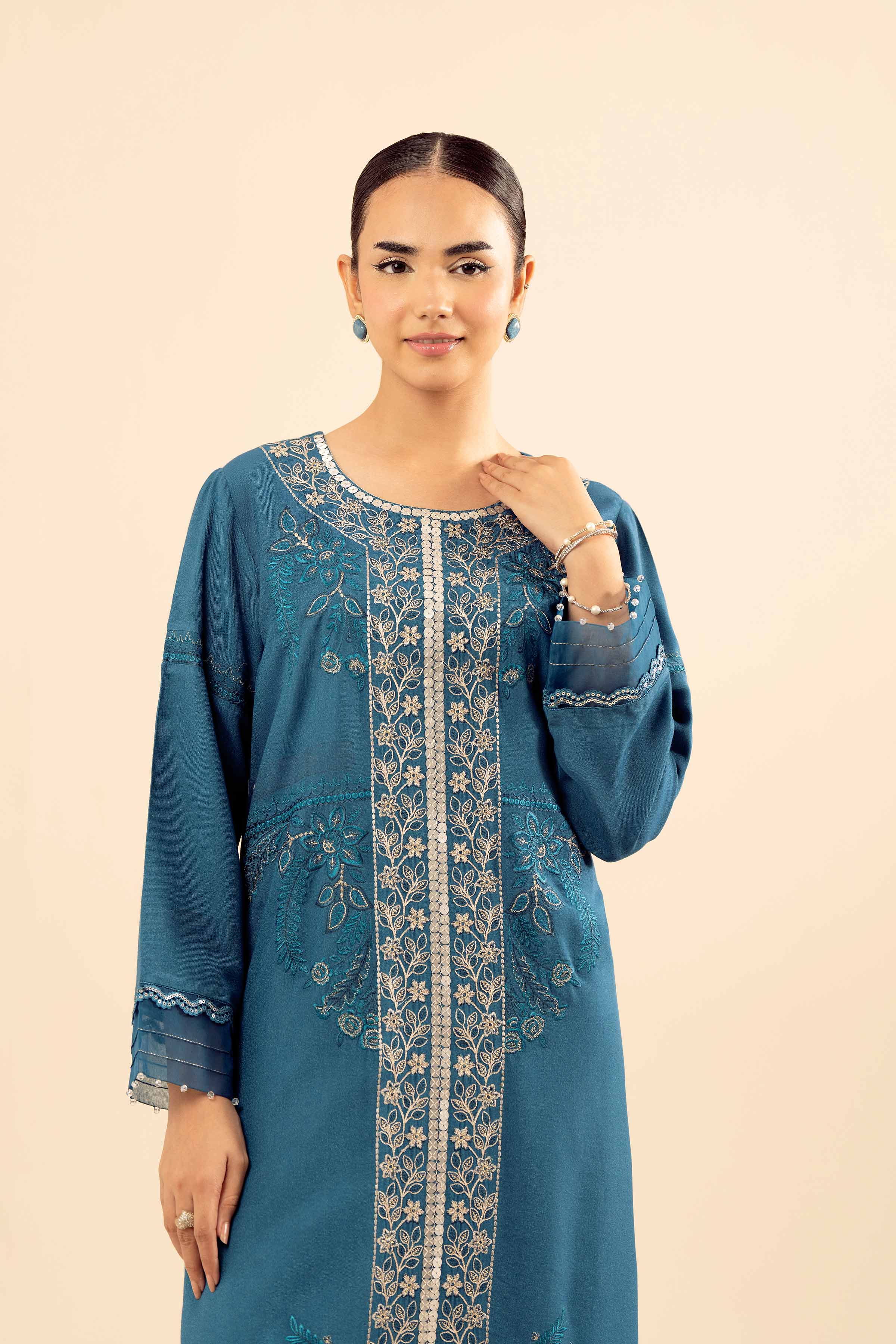 NISHATUAE - Blue Embroidered Slub 2-piece Ready to wear Dress