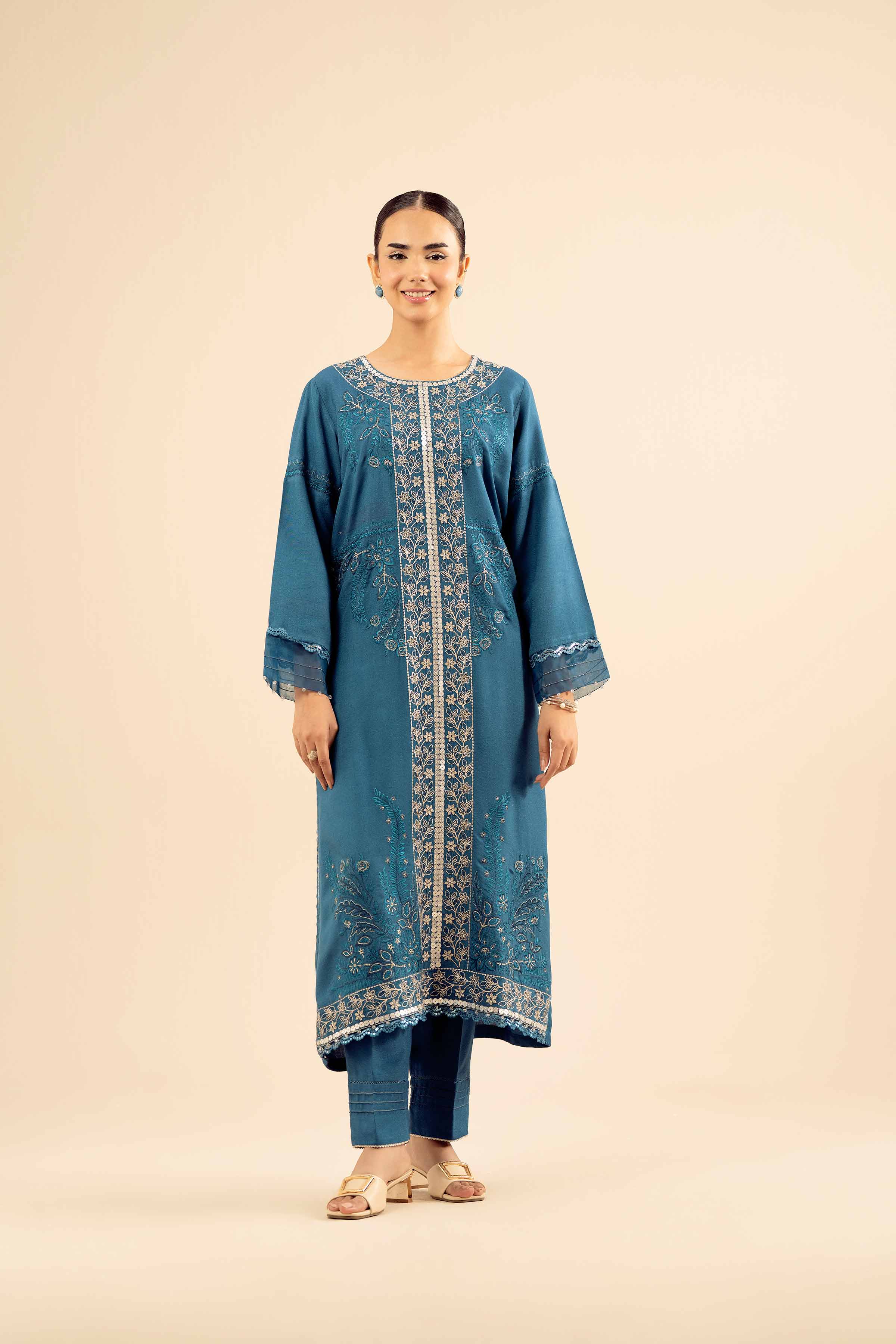 NISHATUAE - Blue Embroidered Slub 2-piece Ready to wear Dress