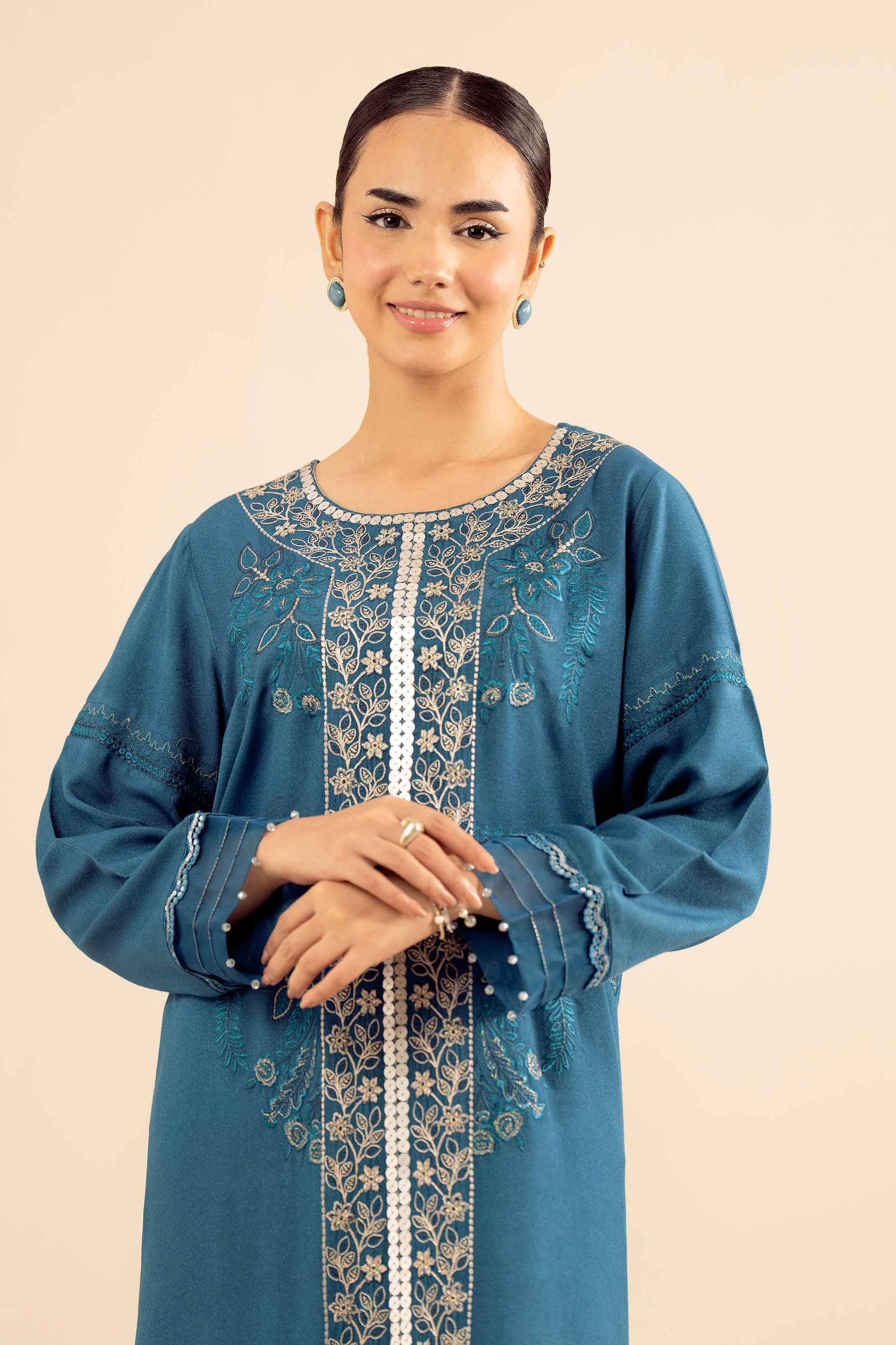 NISHATUAE - Blue Embroidered Slub 2-piece Ready to wear Dress