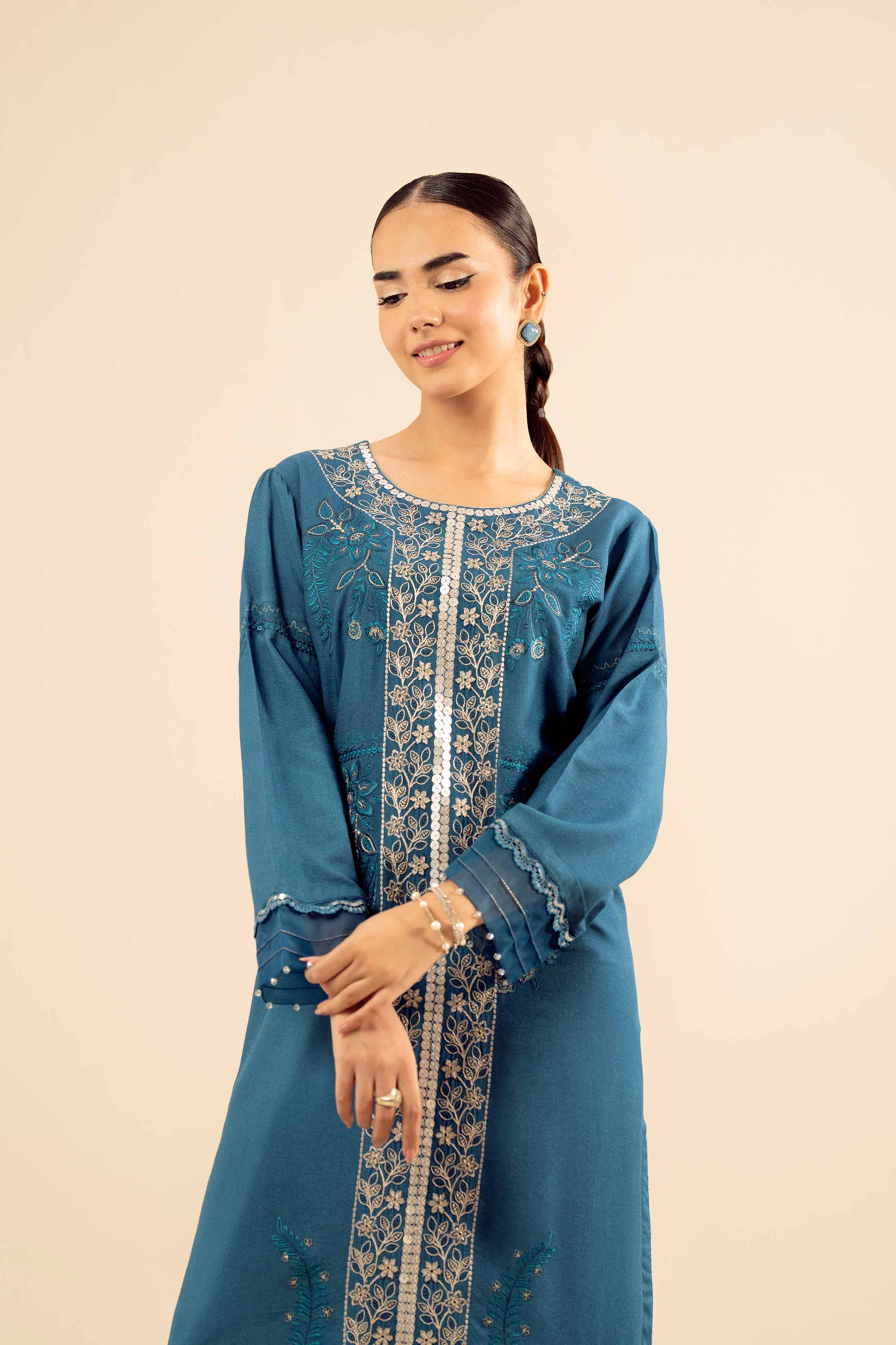 NISHATUAE - Blue Embroidered Slub 2-piece Ready to wear Dress