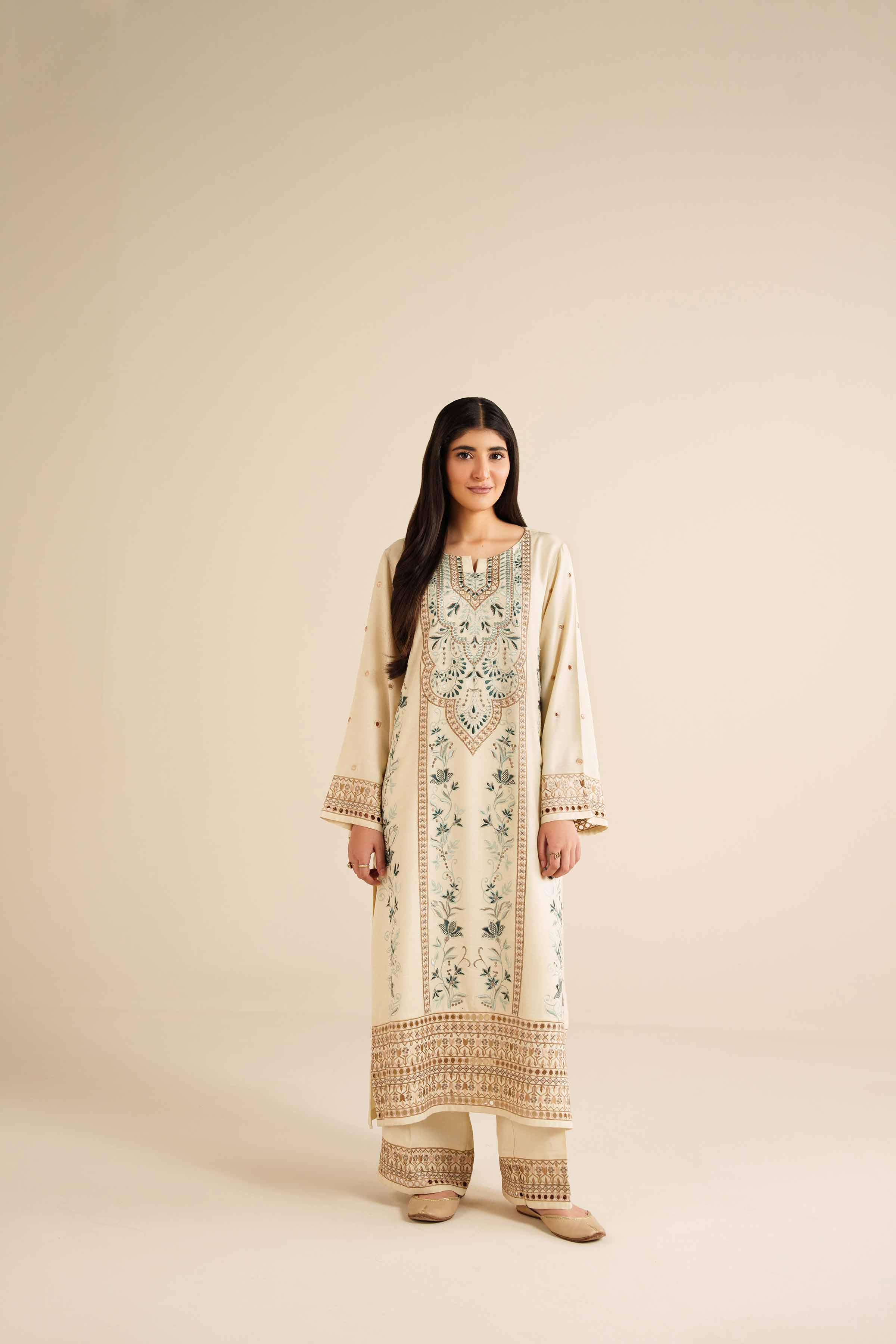 NISHATUAE - Off White Embroidered Glitter Slub 2-piece Ready to wear Dress