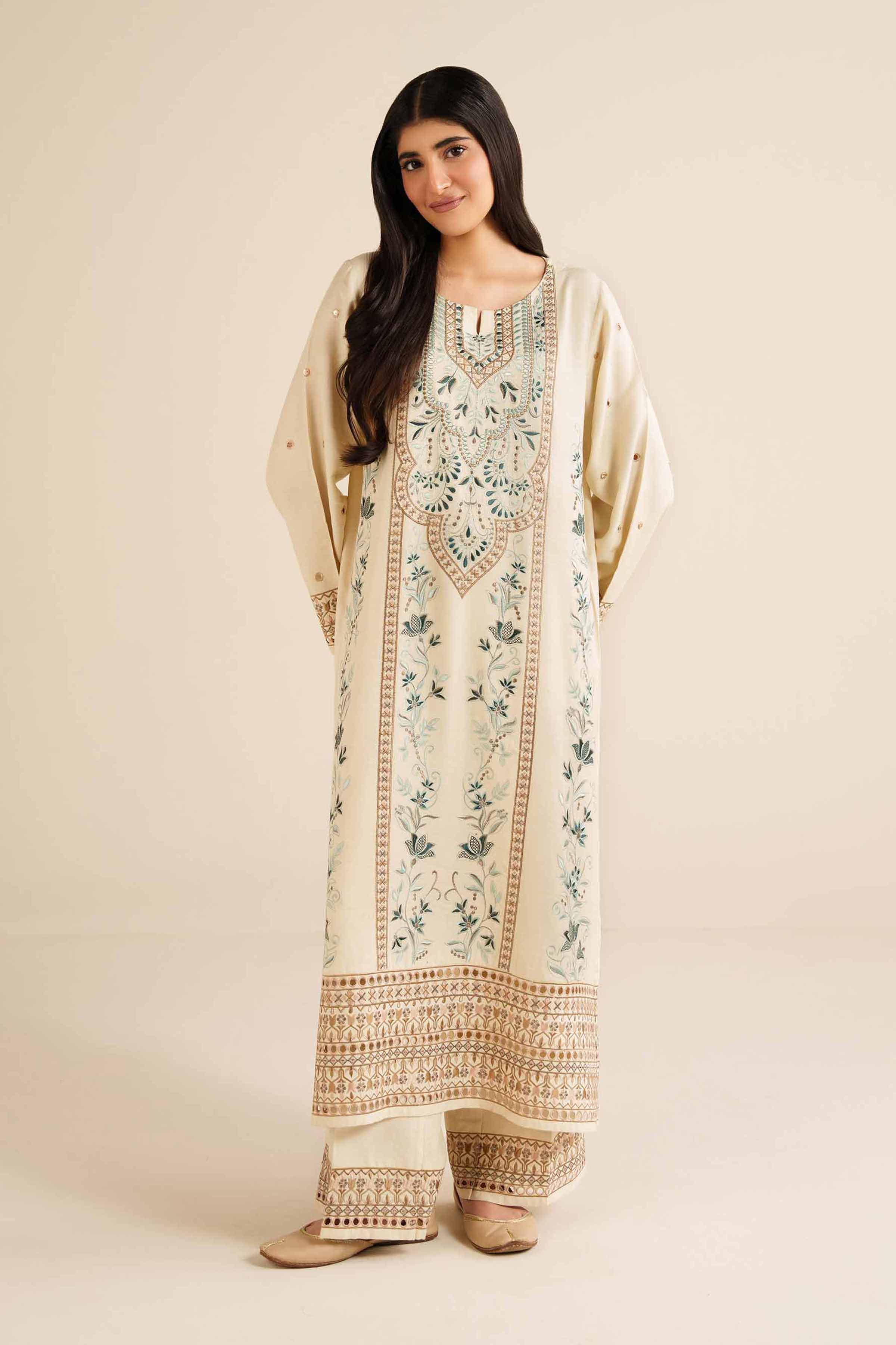 NISHATUAE - Off White Embroidered Glitter Slub 2-piece Ready to wear Dress