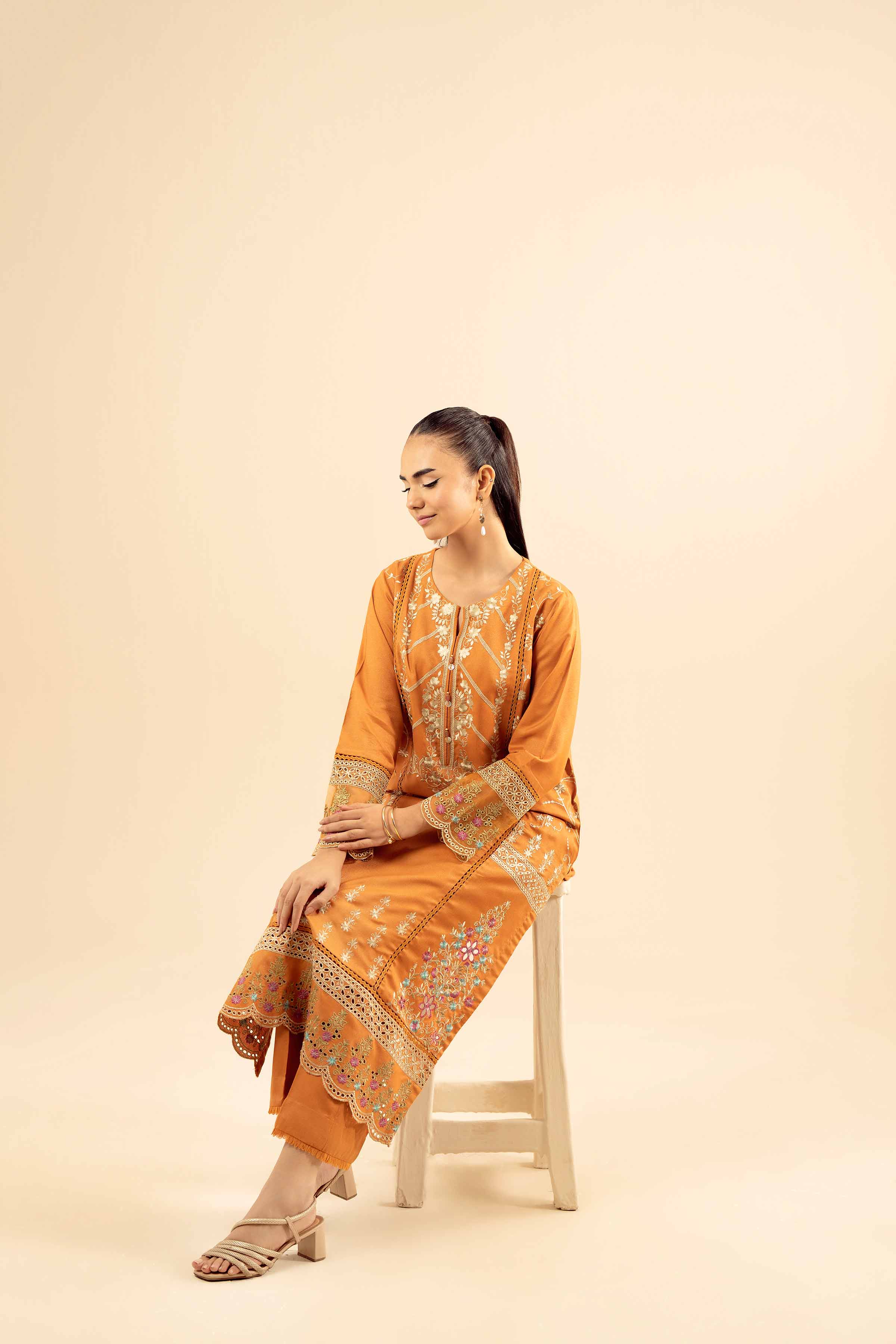NISHATUAE - Yellow Embroidered Slub 2-piece Ready to wear Dress