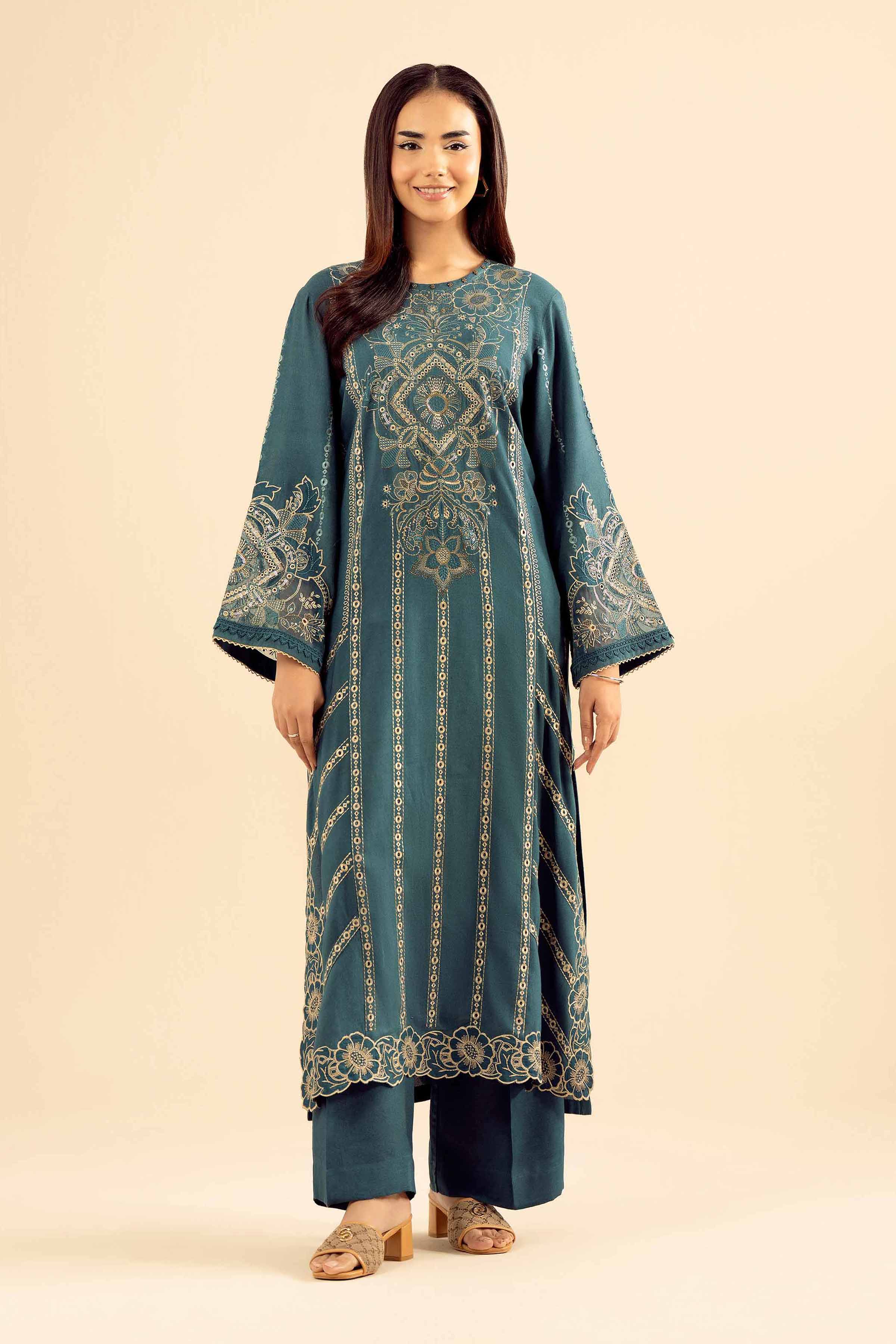 NISHATUAE - Blue Embroidered Slub 2-piece Ready to wear Dress