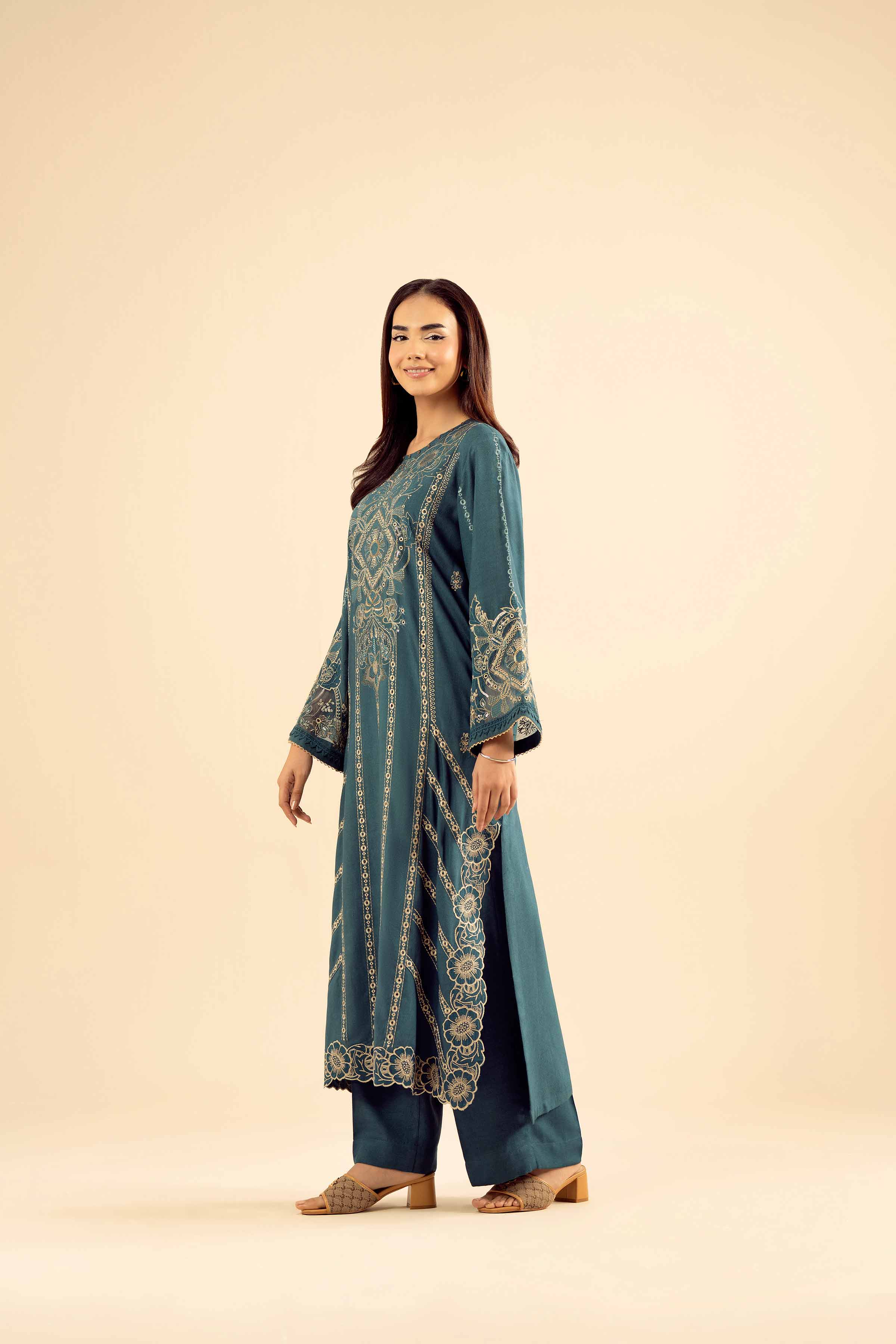 NISHATUAE - Blue Embroidered Slub 2-piece Ready to wear Dress