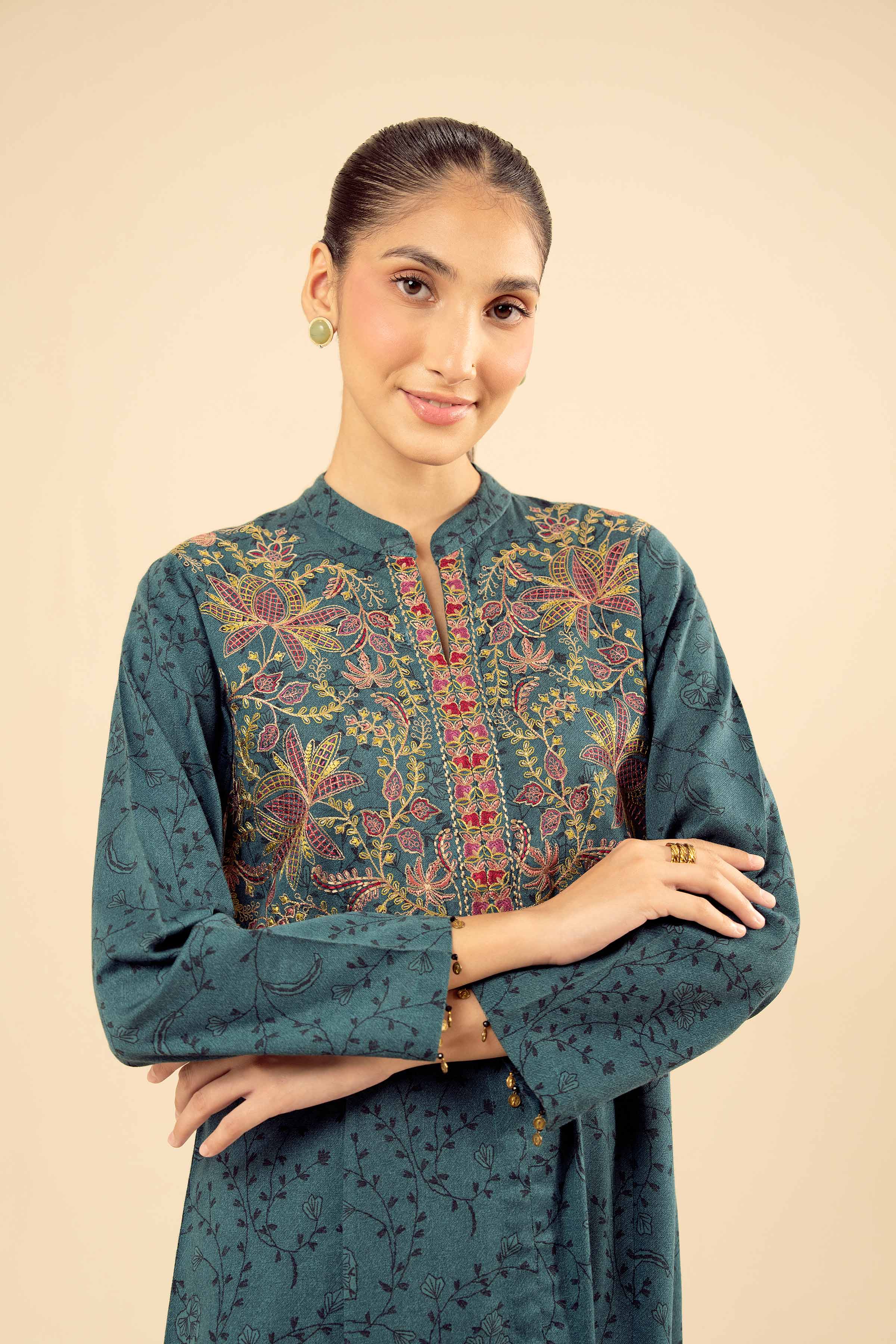NISHATUAE - Green Embroidered Karandi Ready to wear Shirt