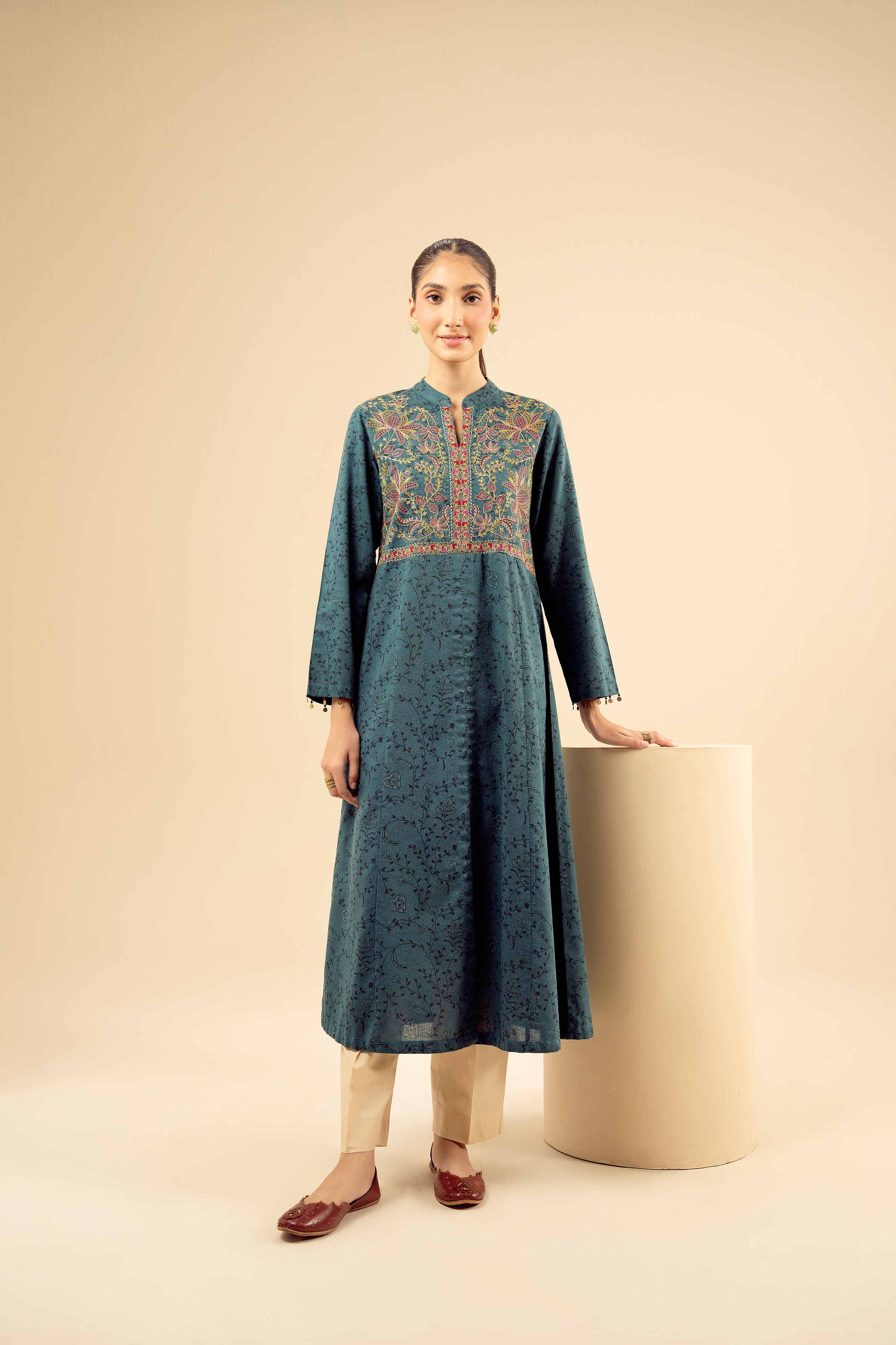 NISHATUAE - Green Embroidered Karandi Ready to wear Shirt