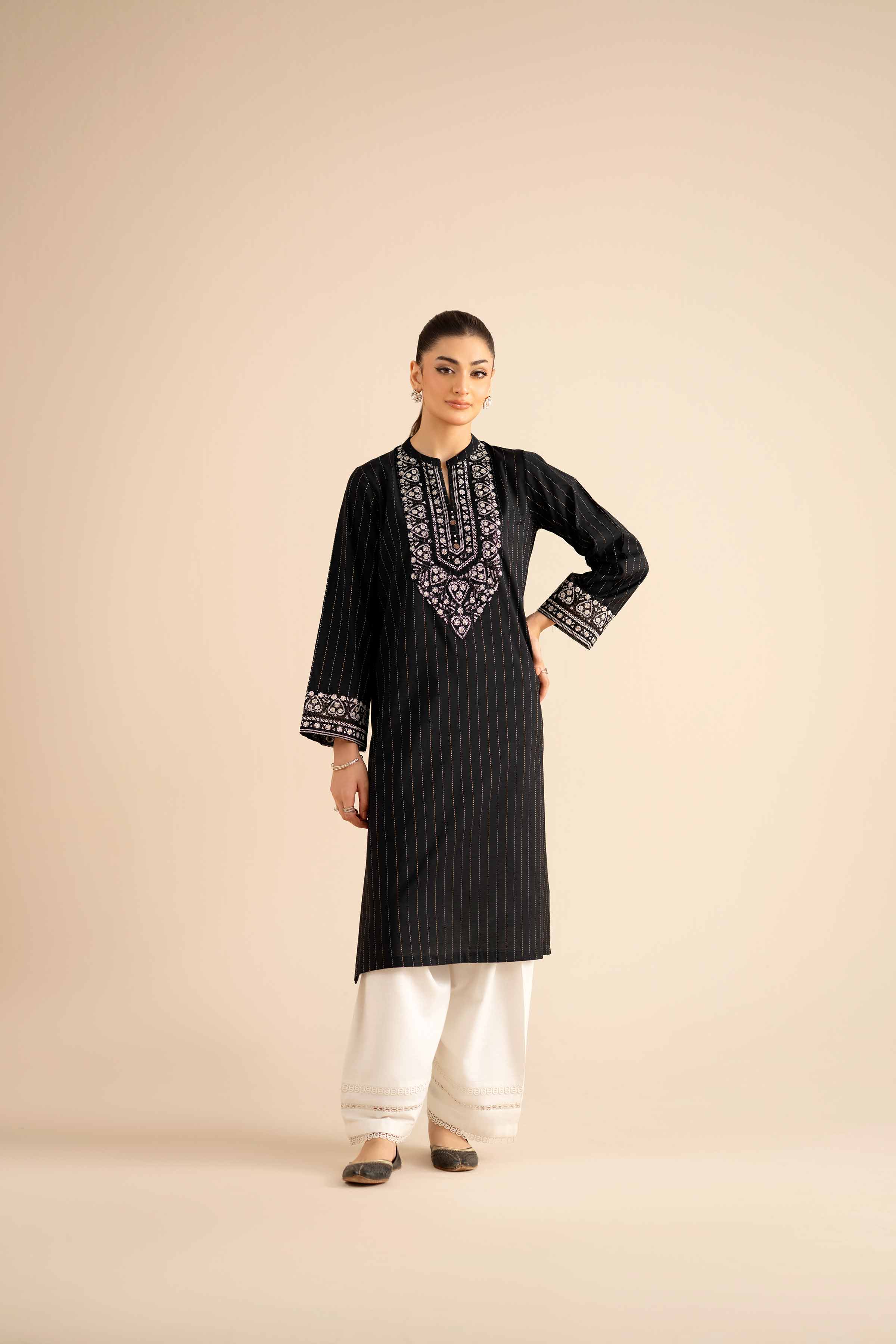 NISHATUAE - Black Embroidered Silk Ready to wear Shirt
