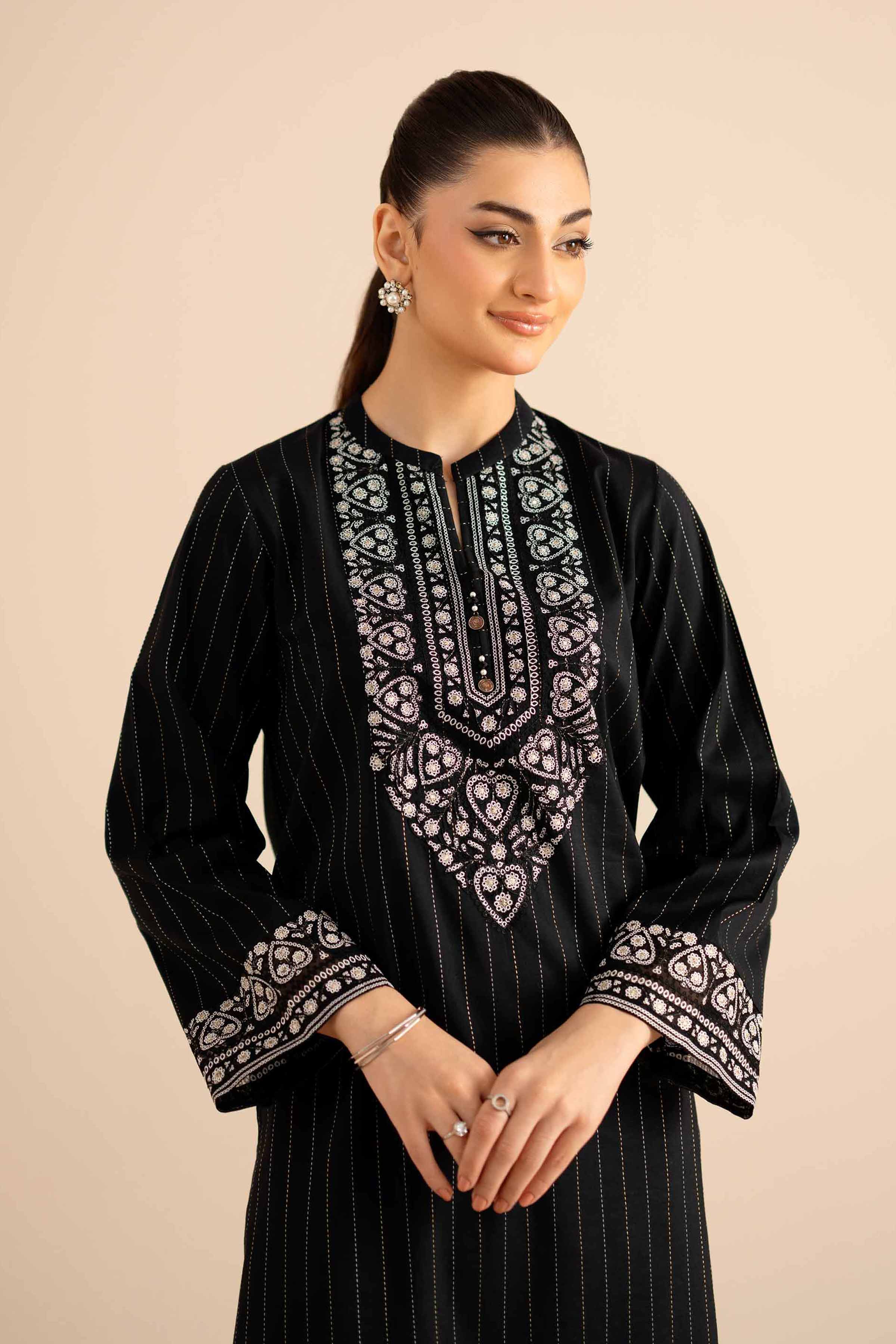 NISHATUAE - Black Embroidered Silk Ready to wear Shirt