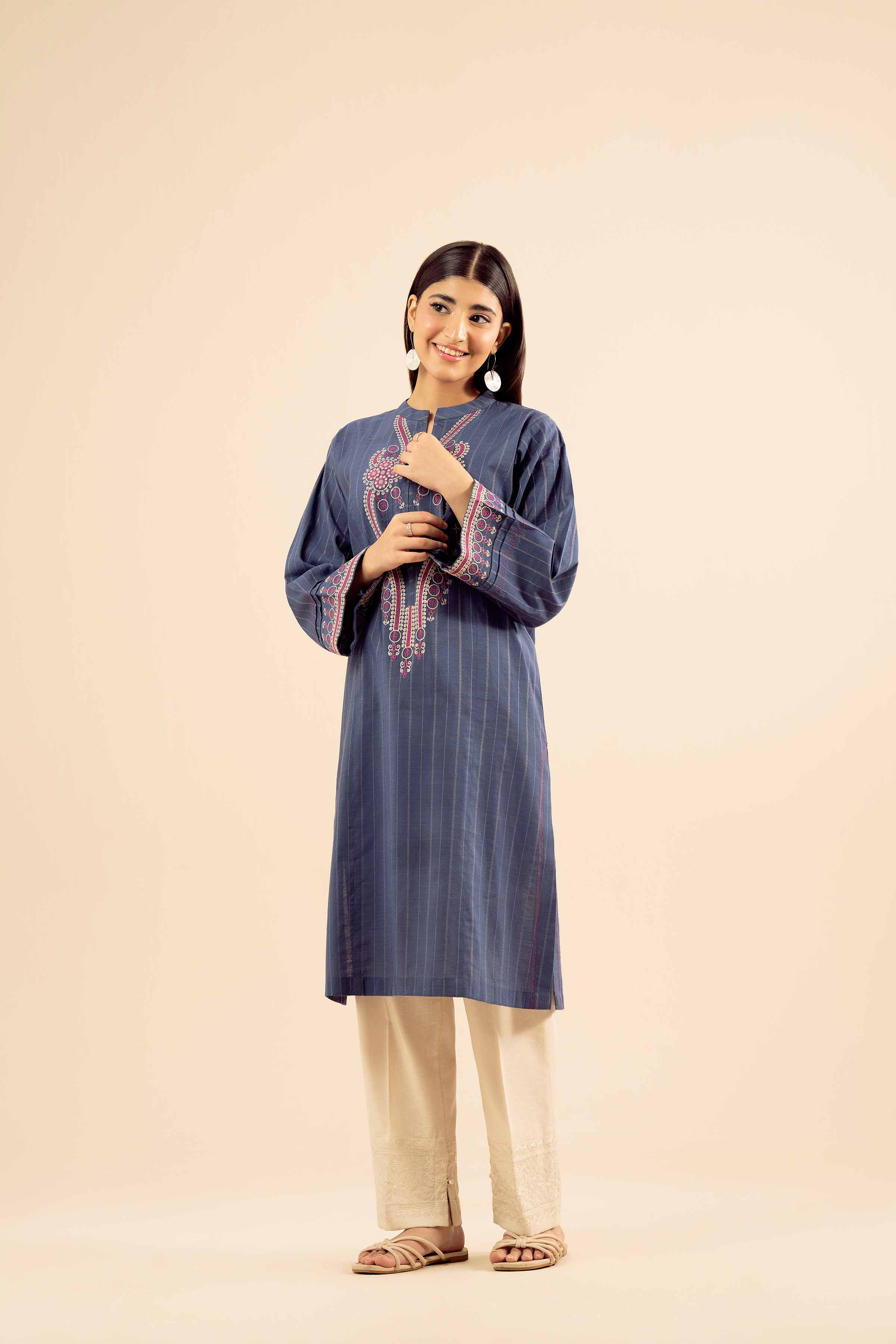NISHATUAE - Blue Embroidered Silk Ready to wear Shirt