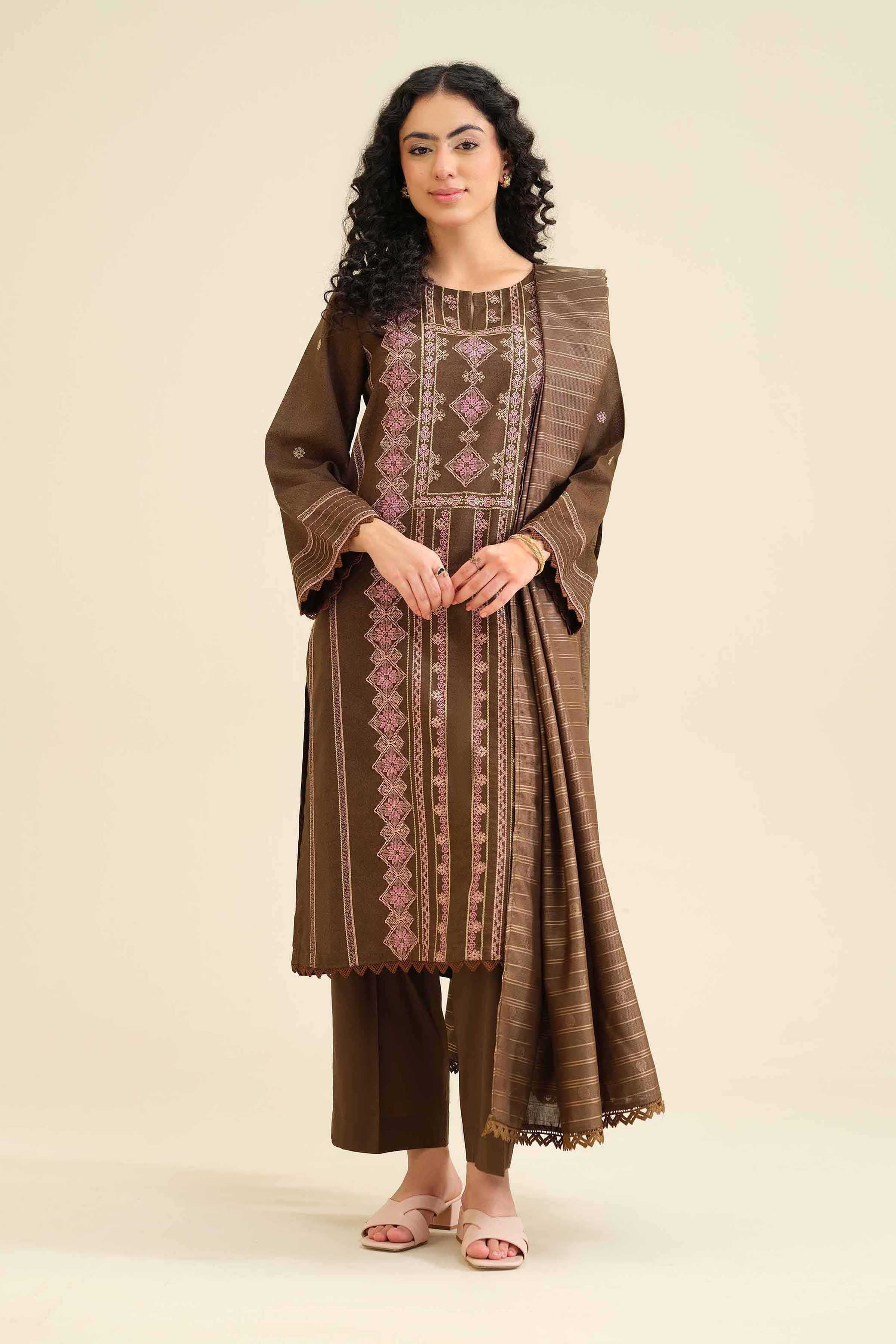 NISHATUAE - Brown Embroidered Karandi 3-piece Ready to wear Suit