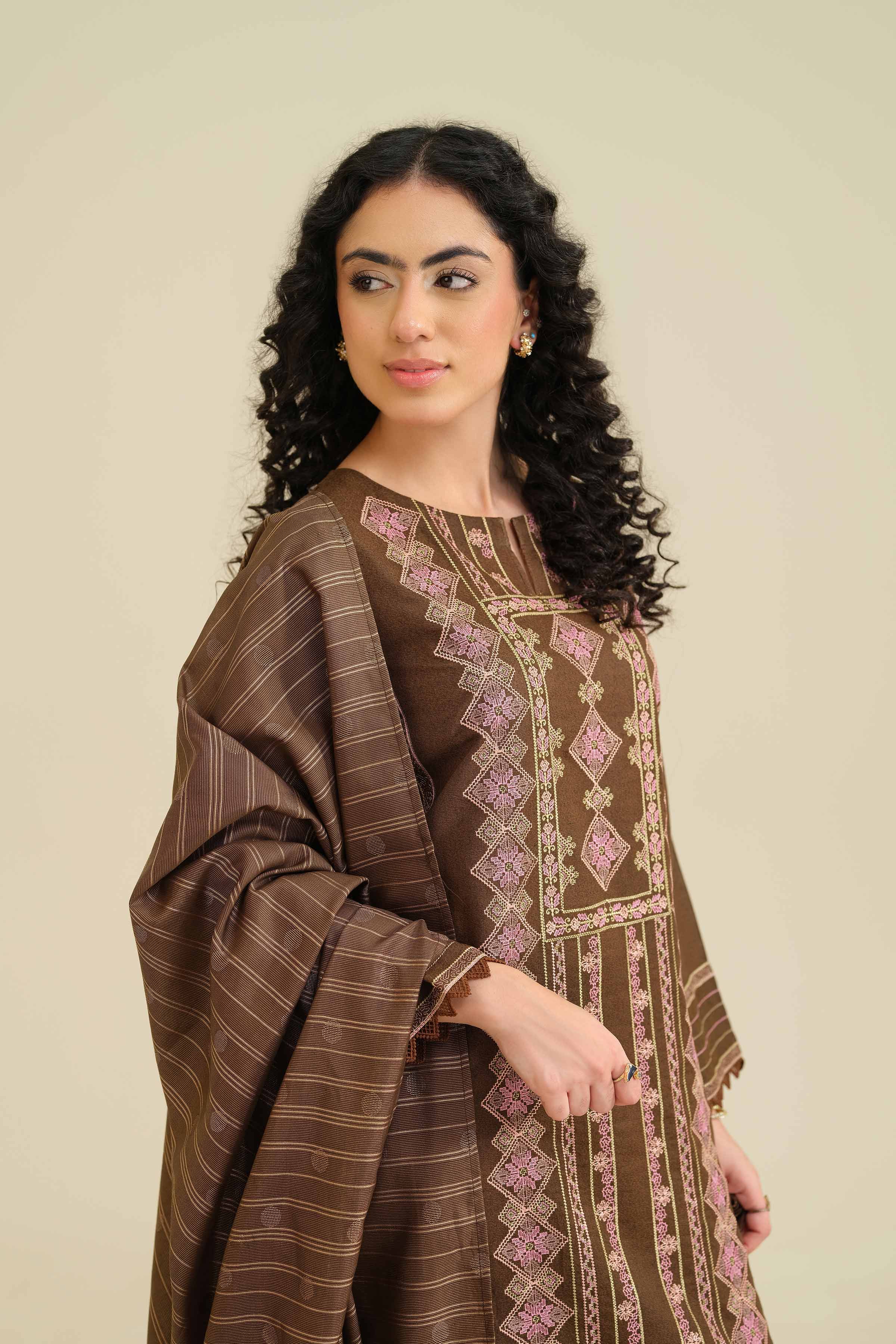 NISHATUAE - Brown Embroidered Karandi 3-piece Ready to wear Suit