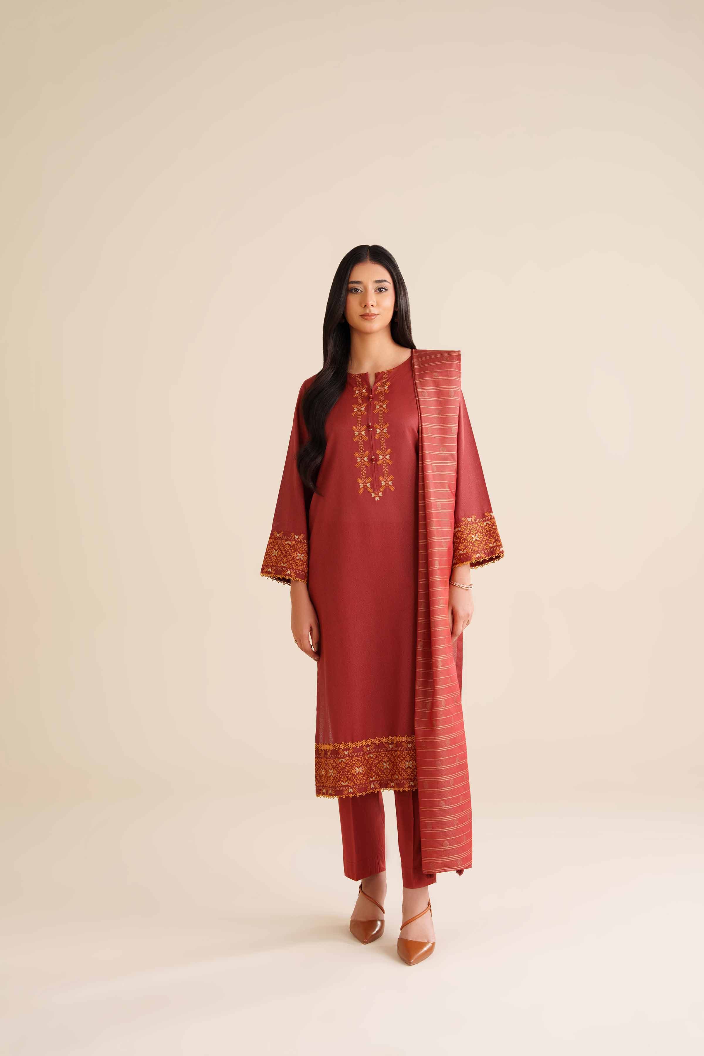 NISHATUAE - Red Embroidered Karandi 3-piece Ready to wear Suit