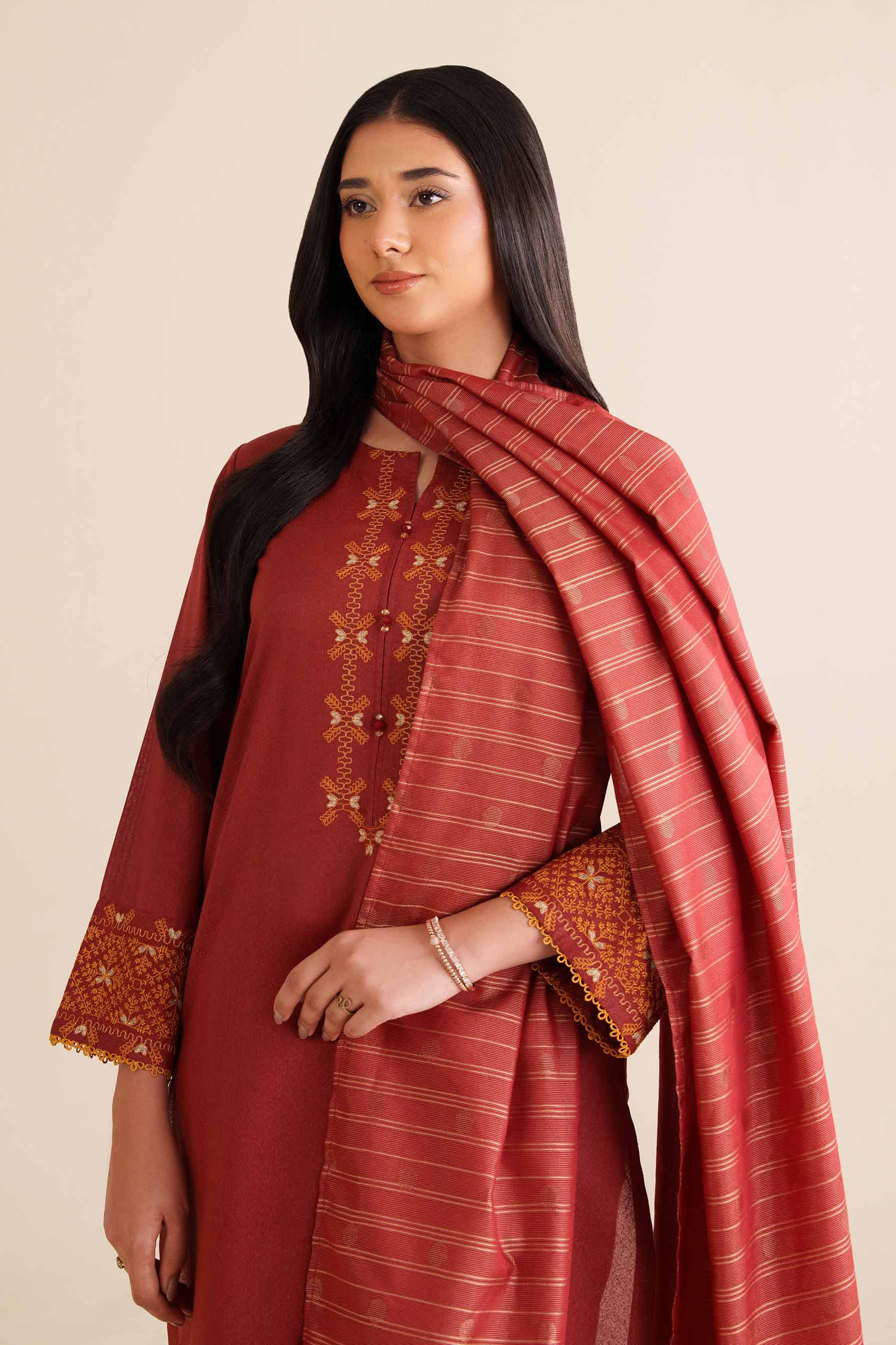 NISHATUAE - Red Embroidered Karandi 3-piece Ready to wear Suit