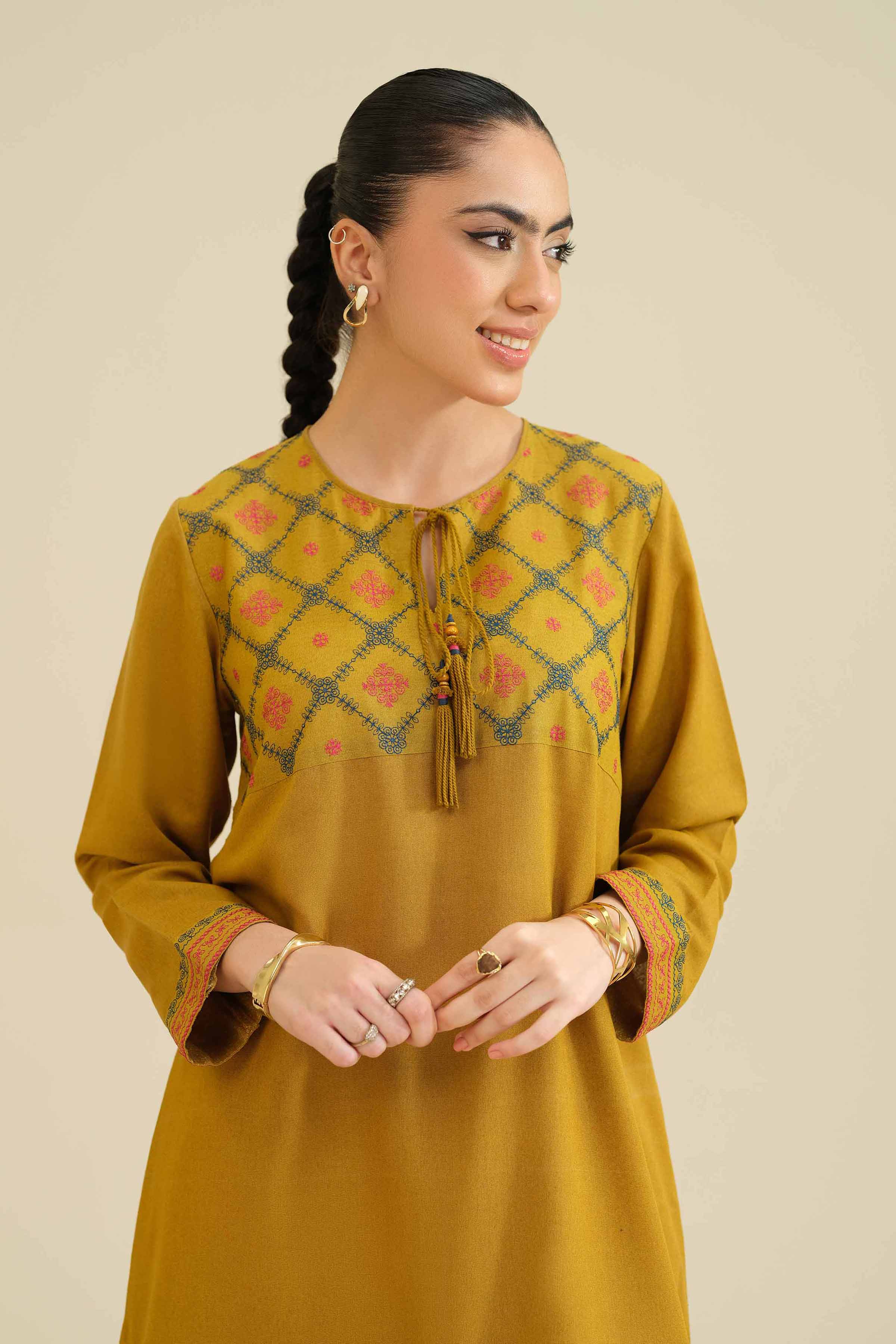 NISHATUAE - Mustard Embroidered Karandi Ready to wear Dress