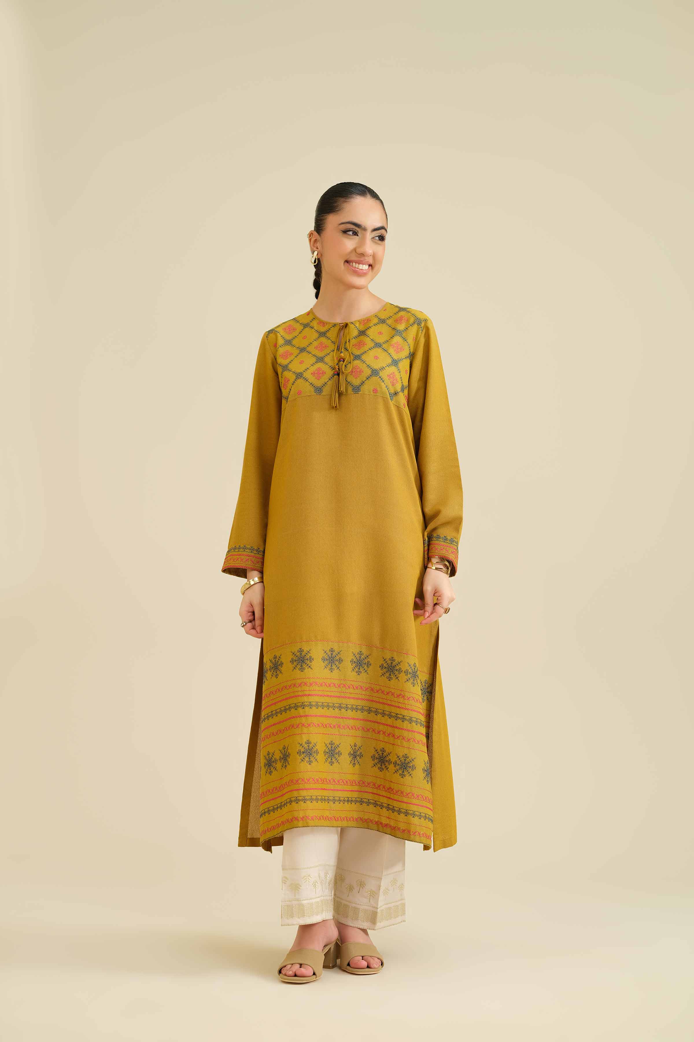 NISHATUAE - Mustard Embroidered Karandi Ready to wear Dress