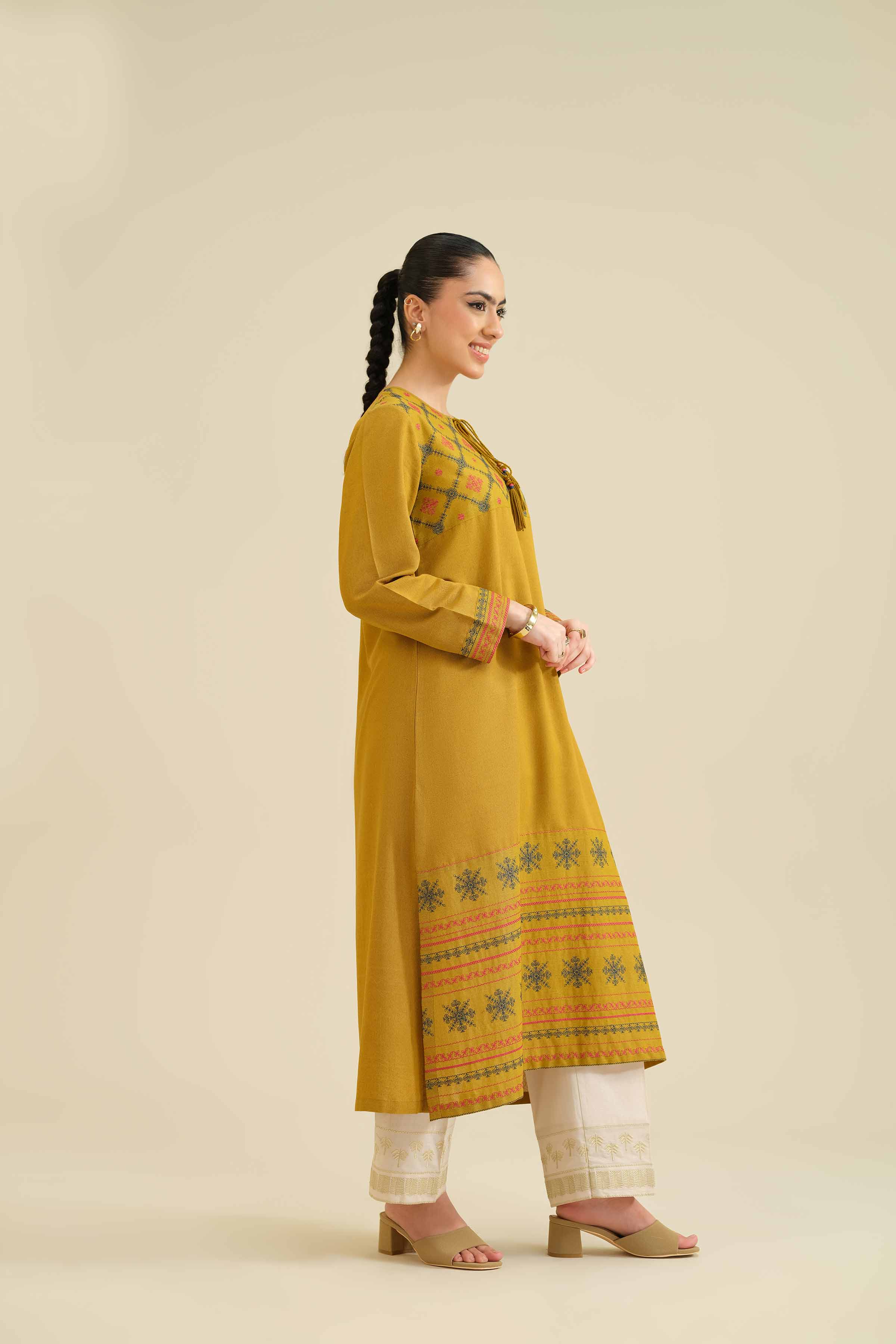 NISHATUAE - Mustard Embroidered Karandi Ready to wear Dress