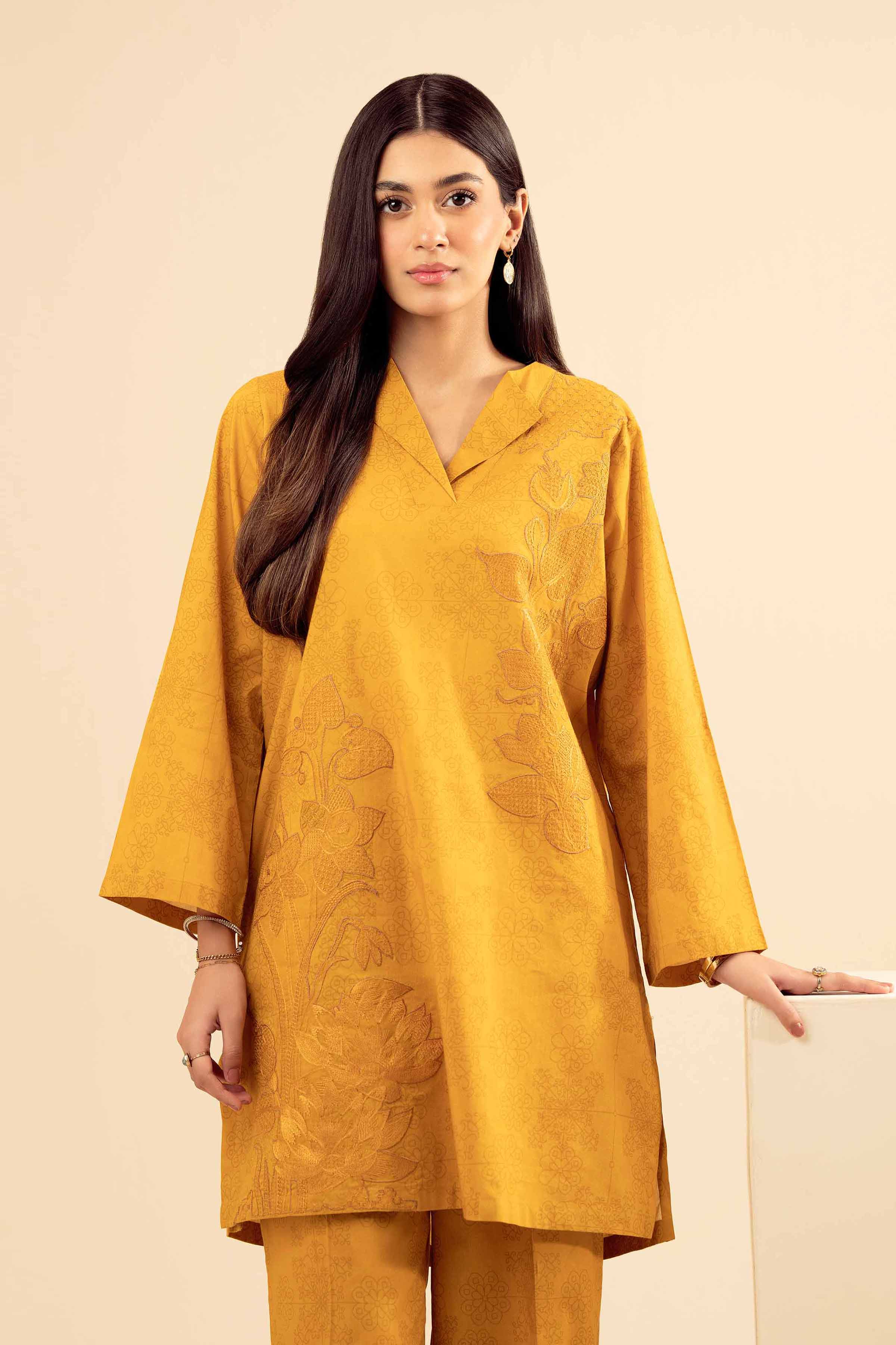 NISHATUAE - Mustard Embroidered Cambric 2-piece Ready to wear Dress
