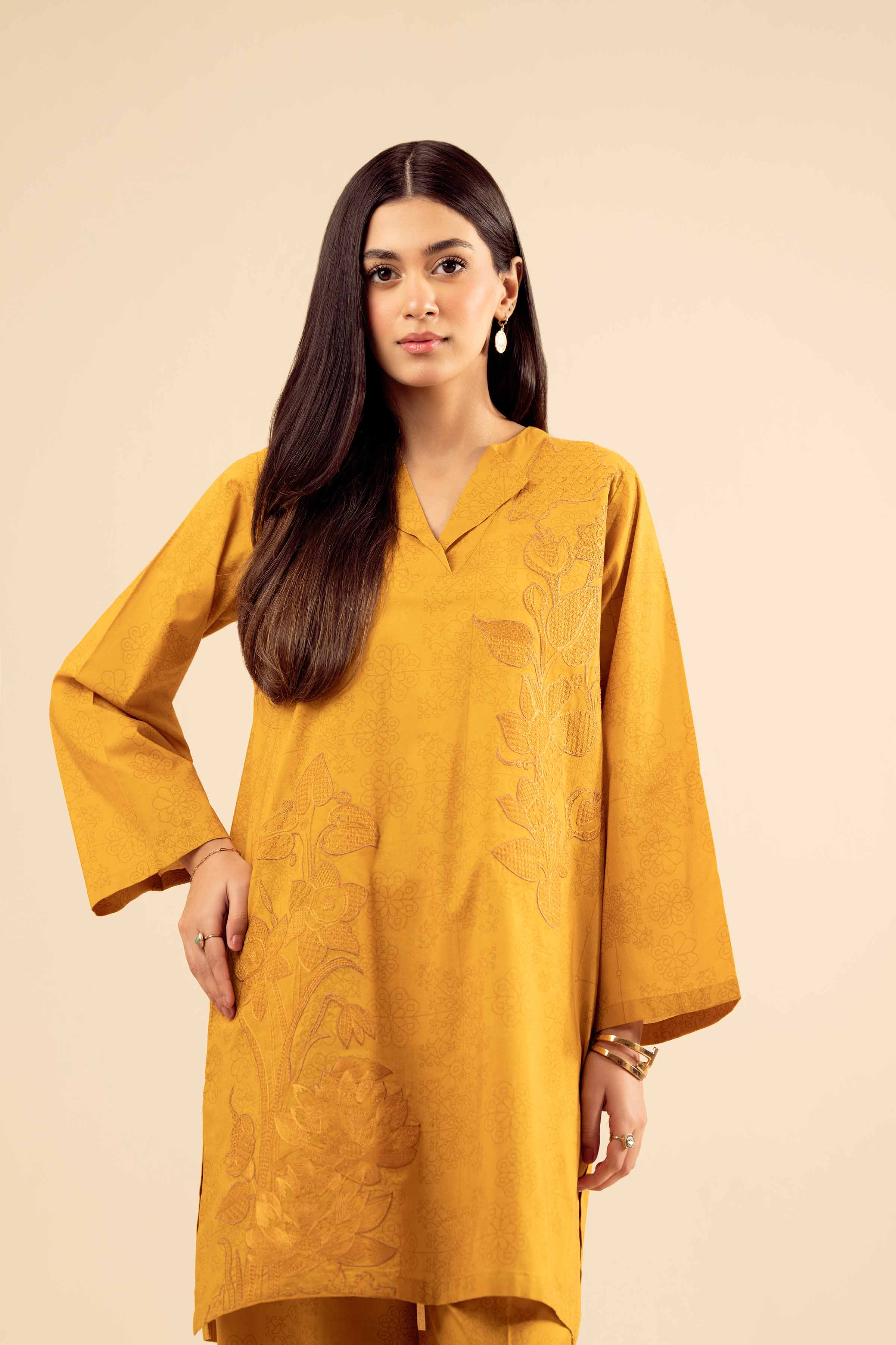 NISHATUAE - Mustard Embroidered Cambric 2-piece Ready to wear Dress
