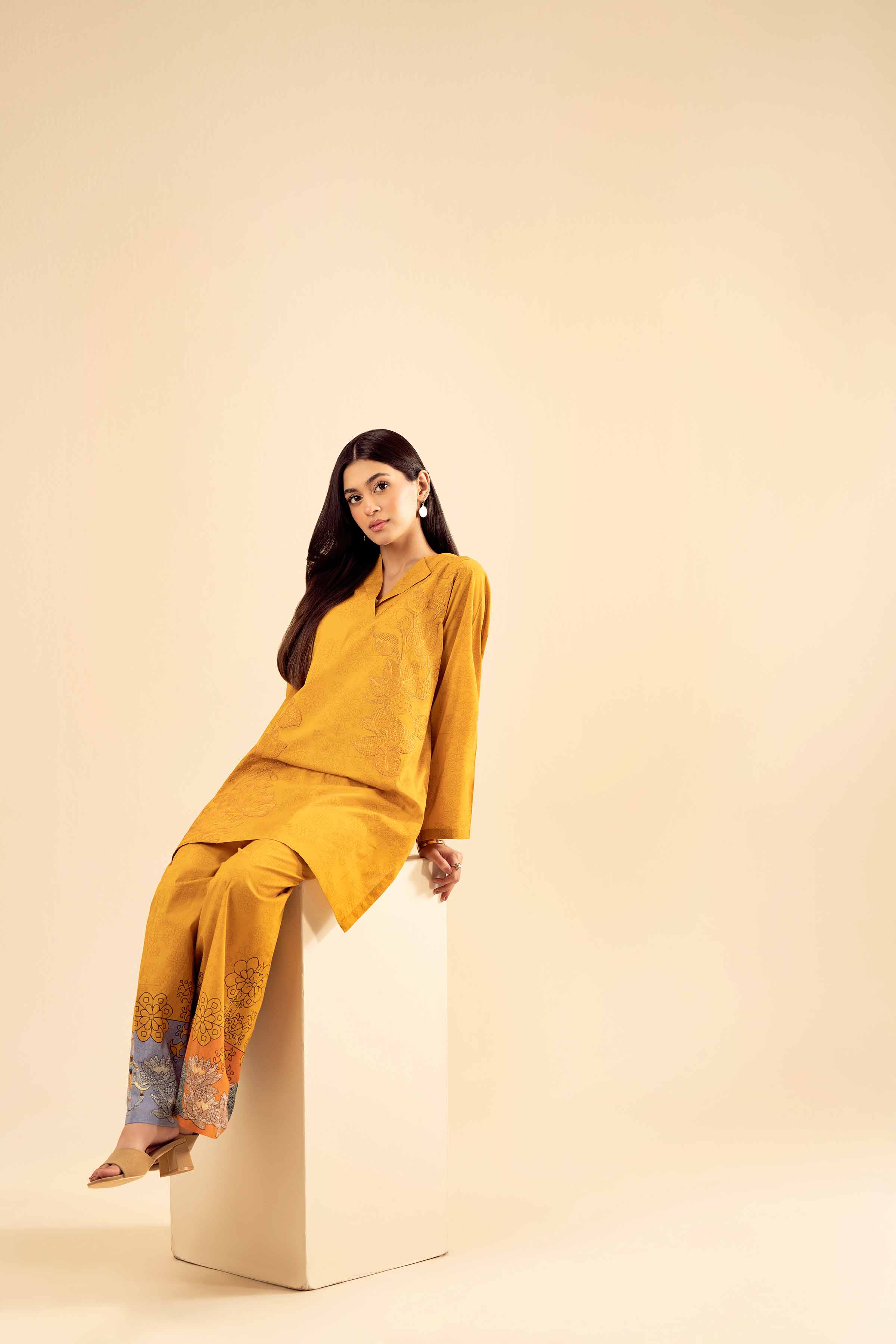 NISHATUAE - Mustard Embroidered Cambric 2-piece Ready to wear Dress