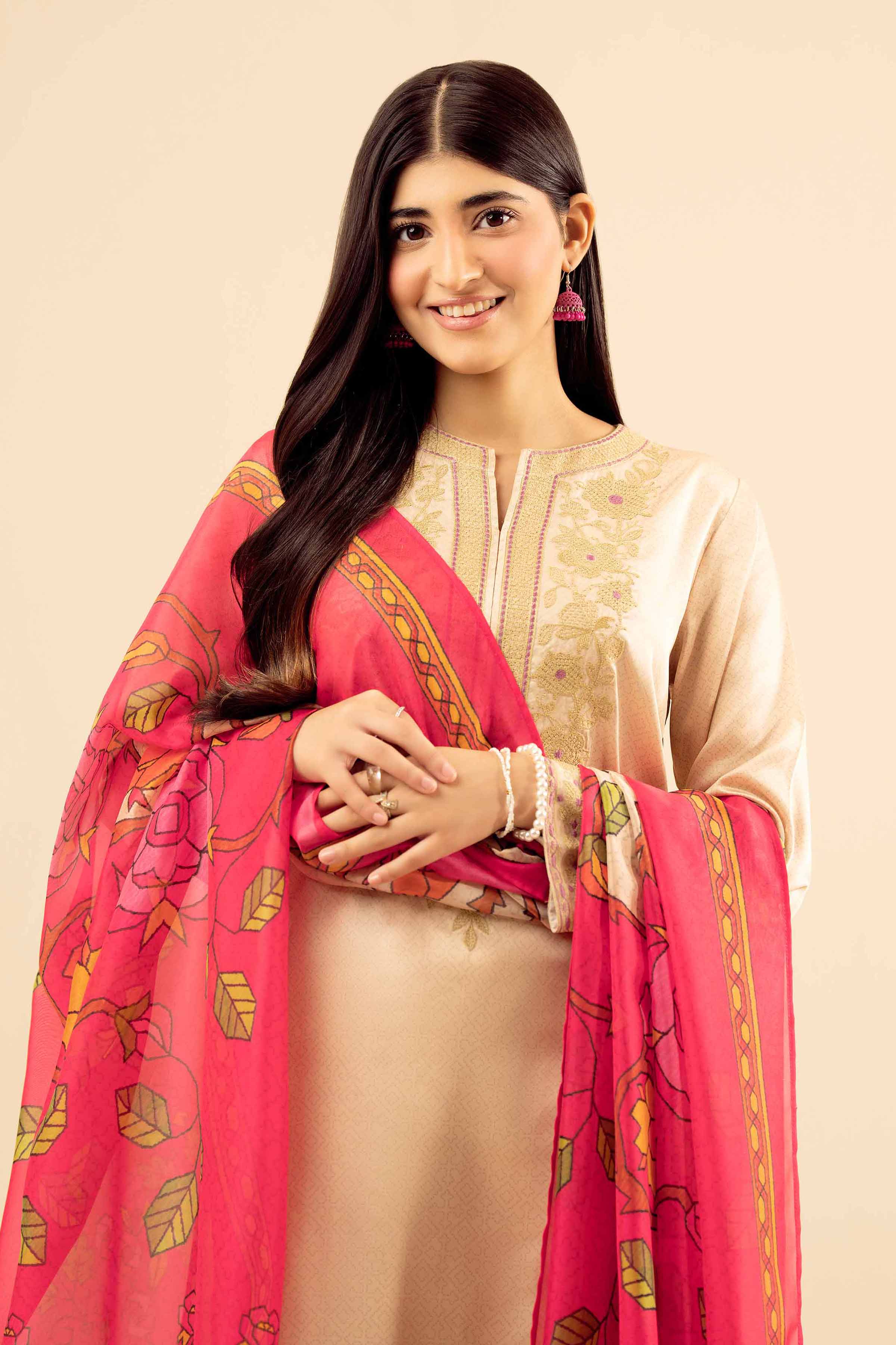 NISHATUAE - Beige Embroidered Silk 3-piece Ready to wear Suit