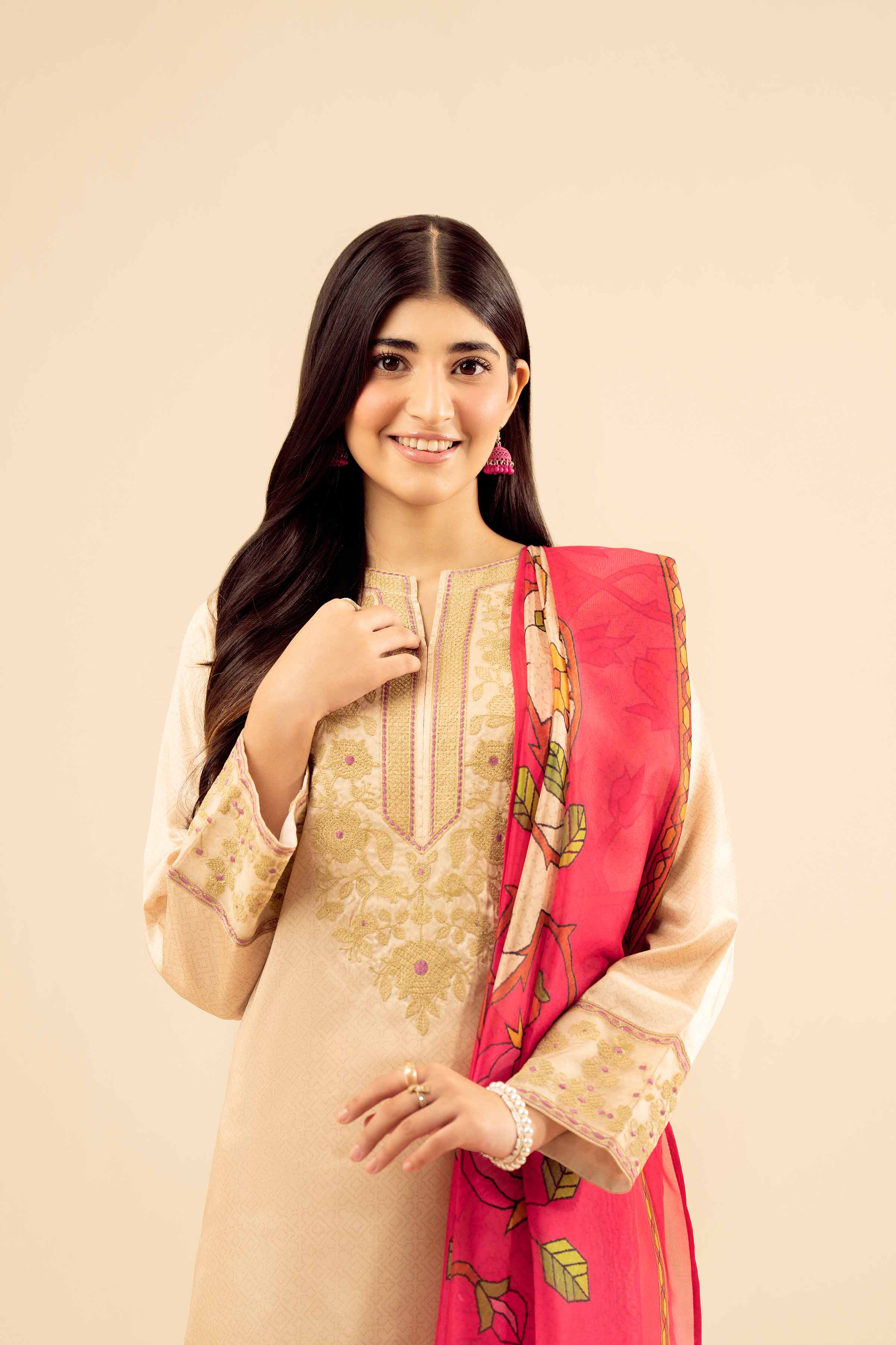 NISHATUAE - Beige Embroidered Silk 3-piece Ready to wear Suit