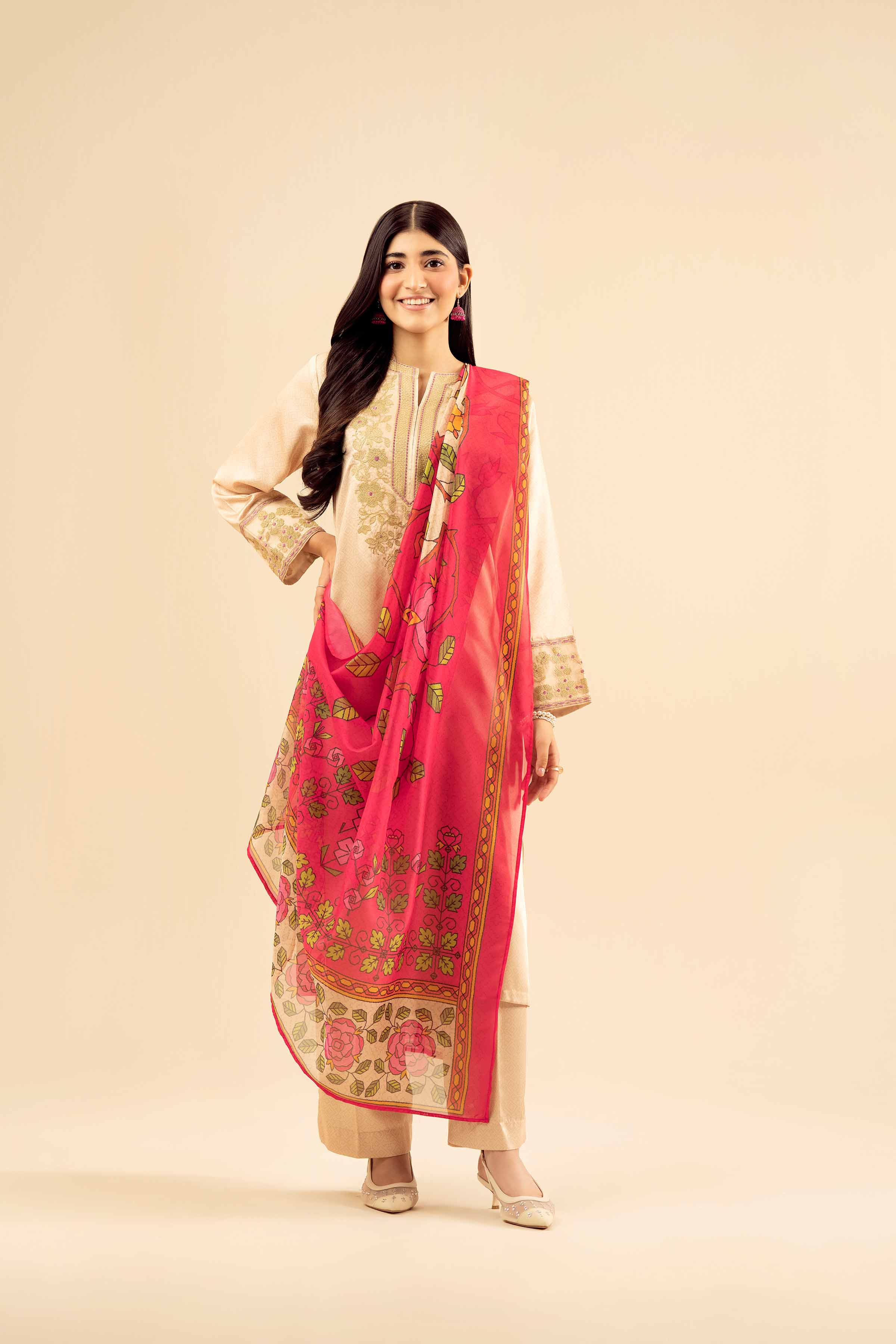 NISHATUAE - Beige Embroidered Silk 3-piece Ready to wear Suit