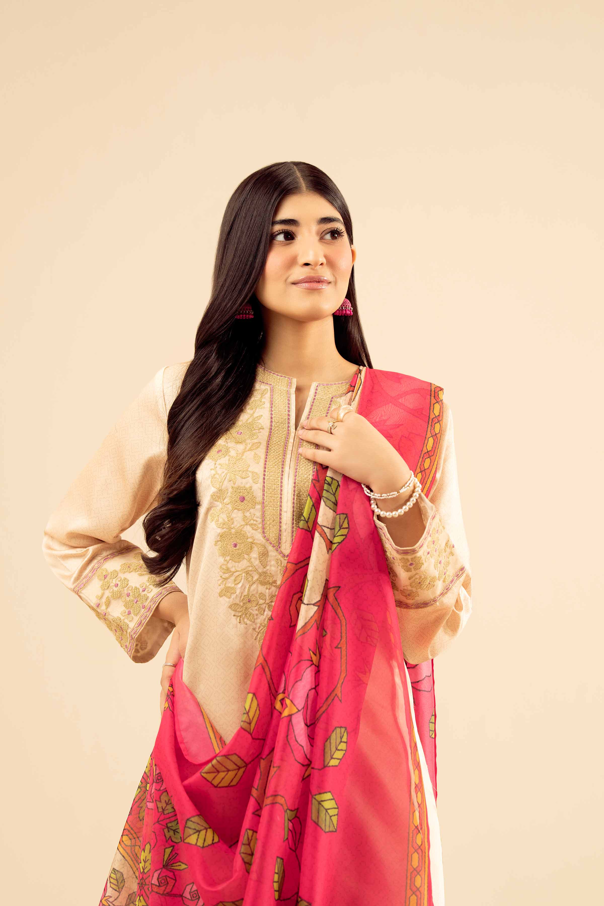 NISHATUAE - Beige Embroidered Silk 3-piece Ready to wear Suit