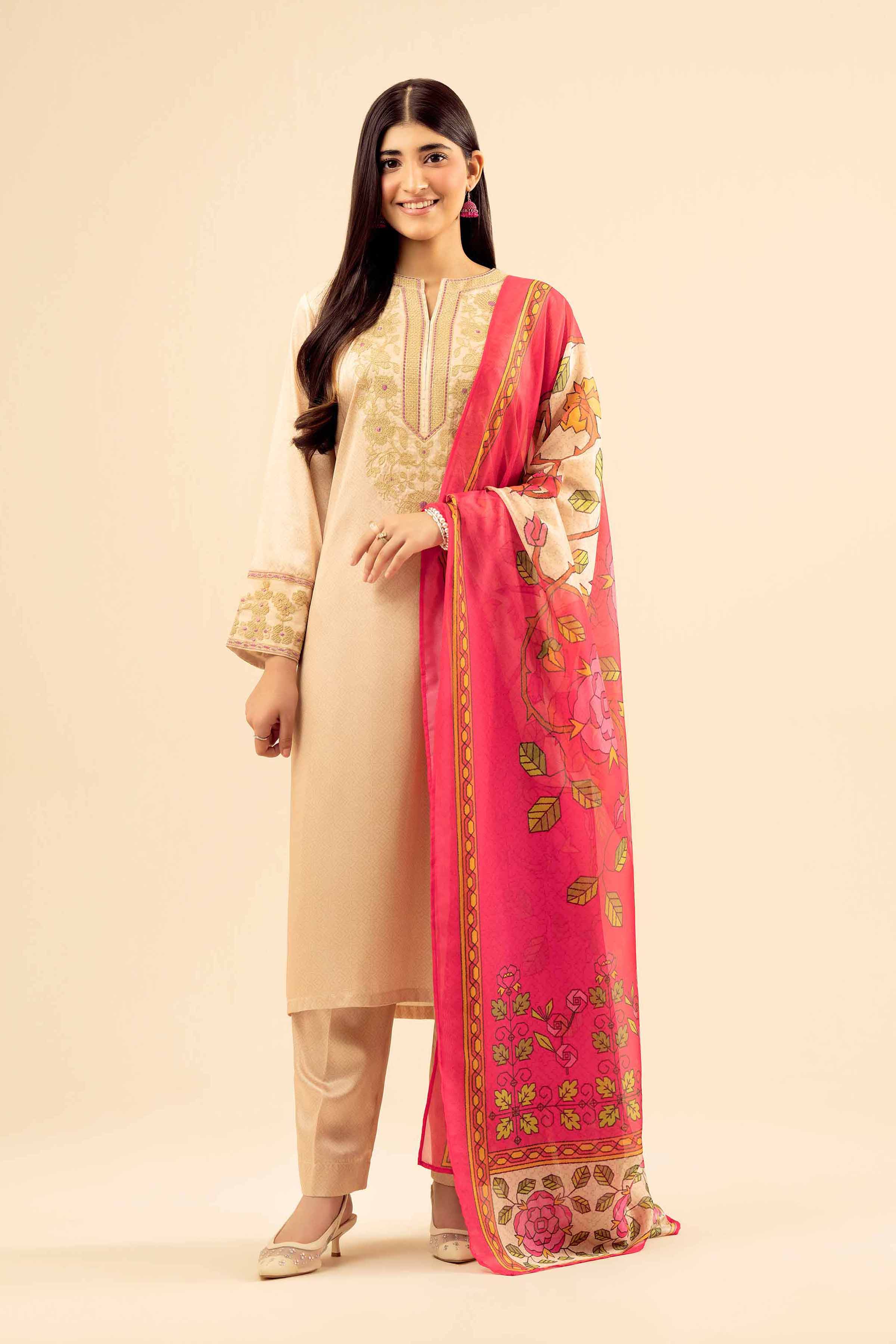 NISHATUAE - Beige Embroidered Silk 3-piece Ready to wear Suit