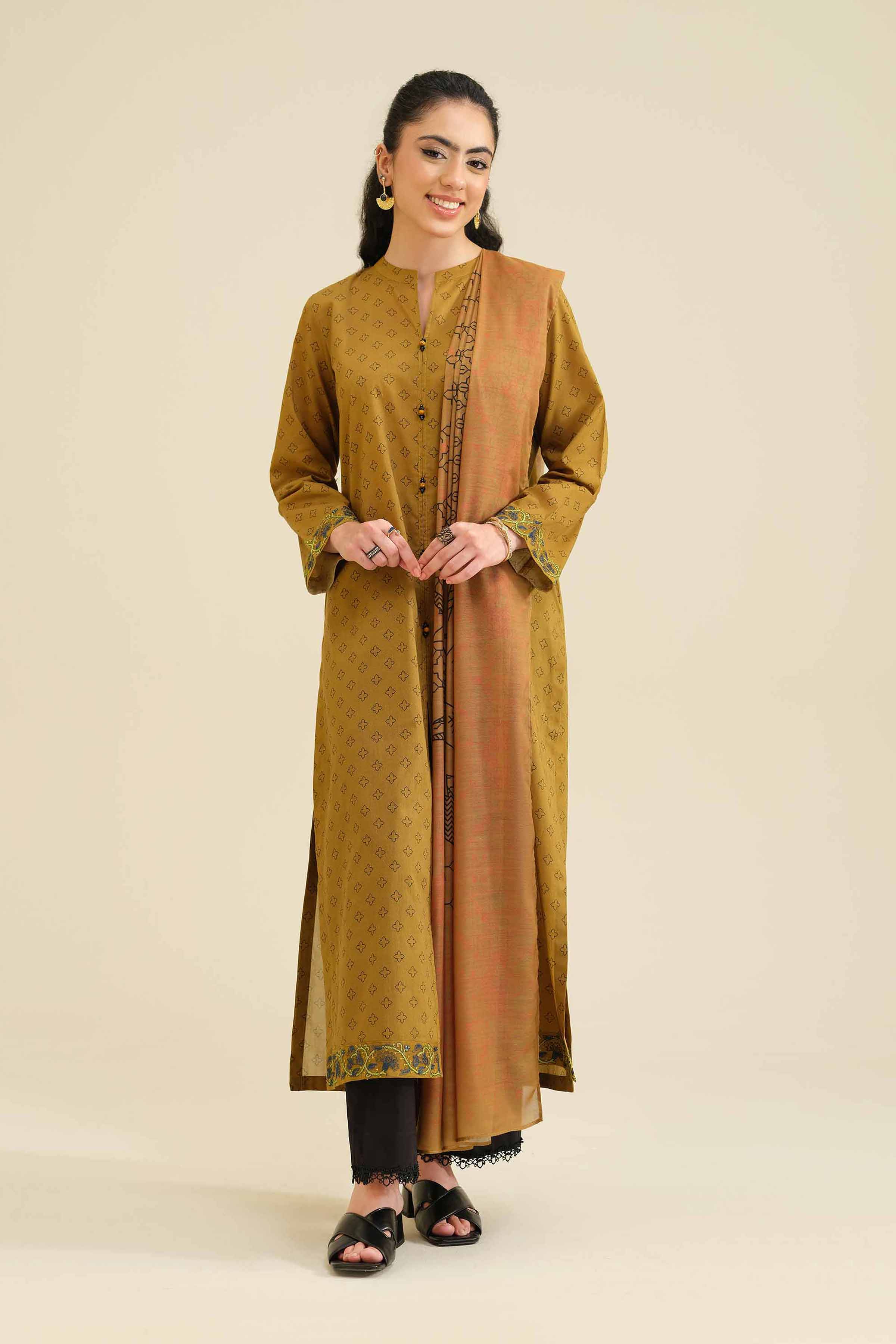 NISHATUAE - Brown Embroidered Cambric 2-piece Ready to wear Dress