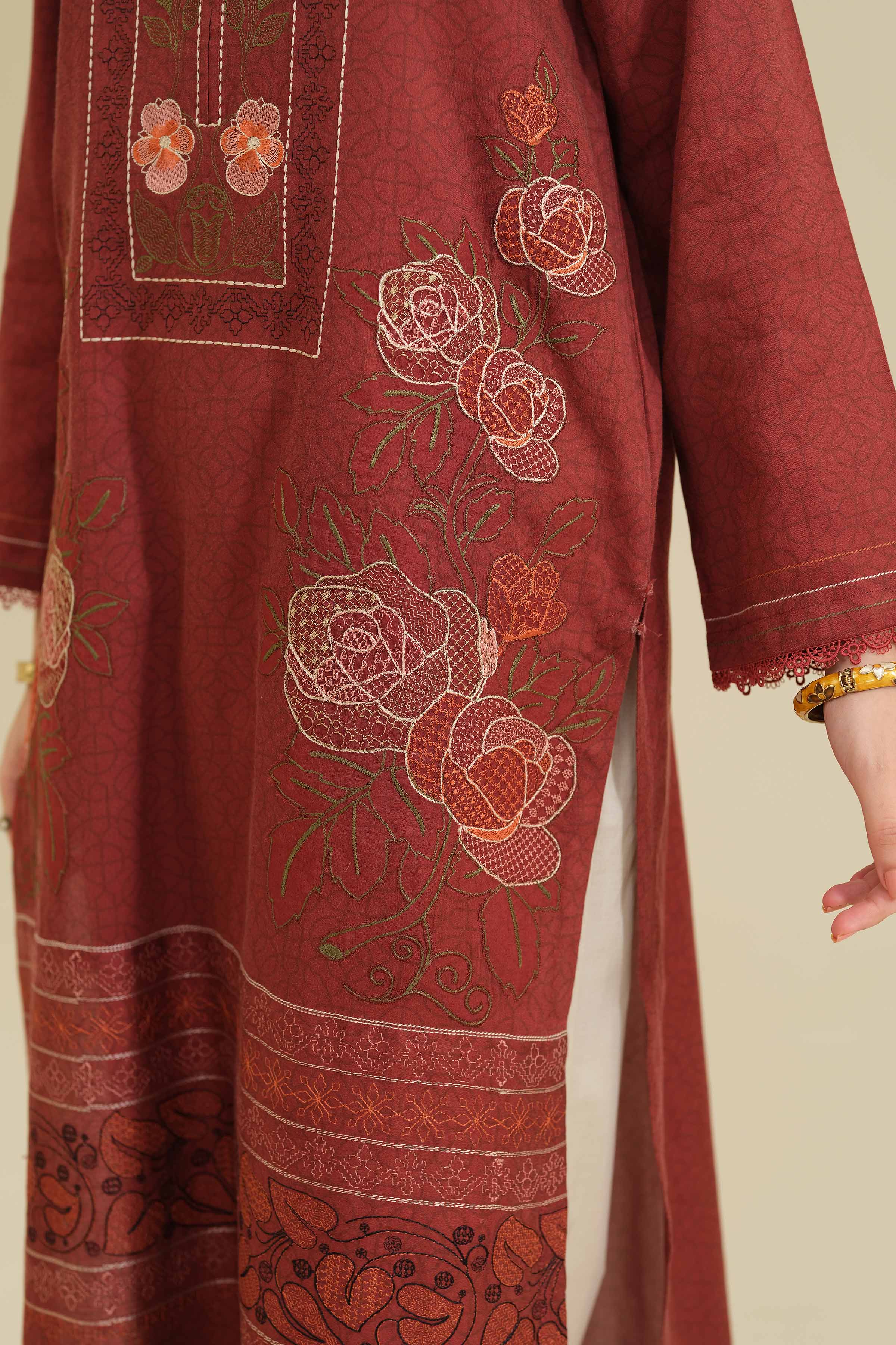 NISHATUAE - Maroon Embroidered Satin 2-piece Ready to wear Dress