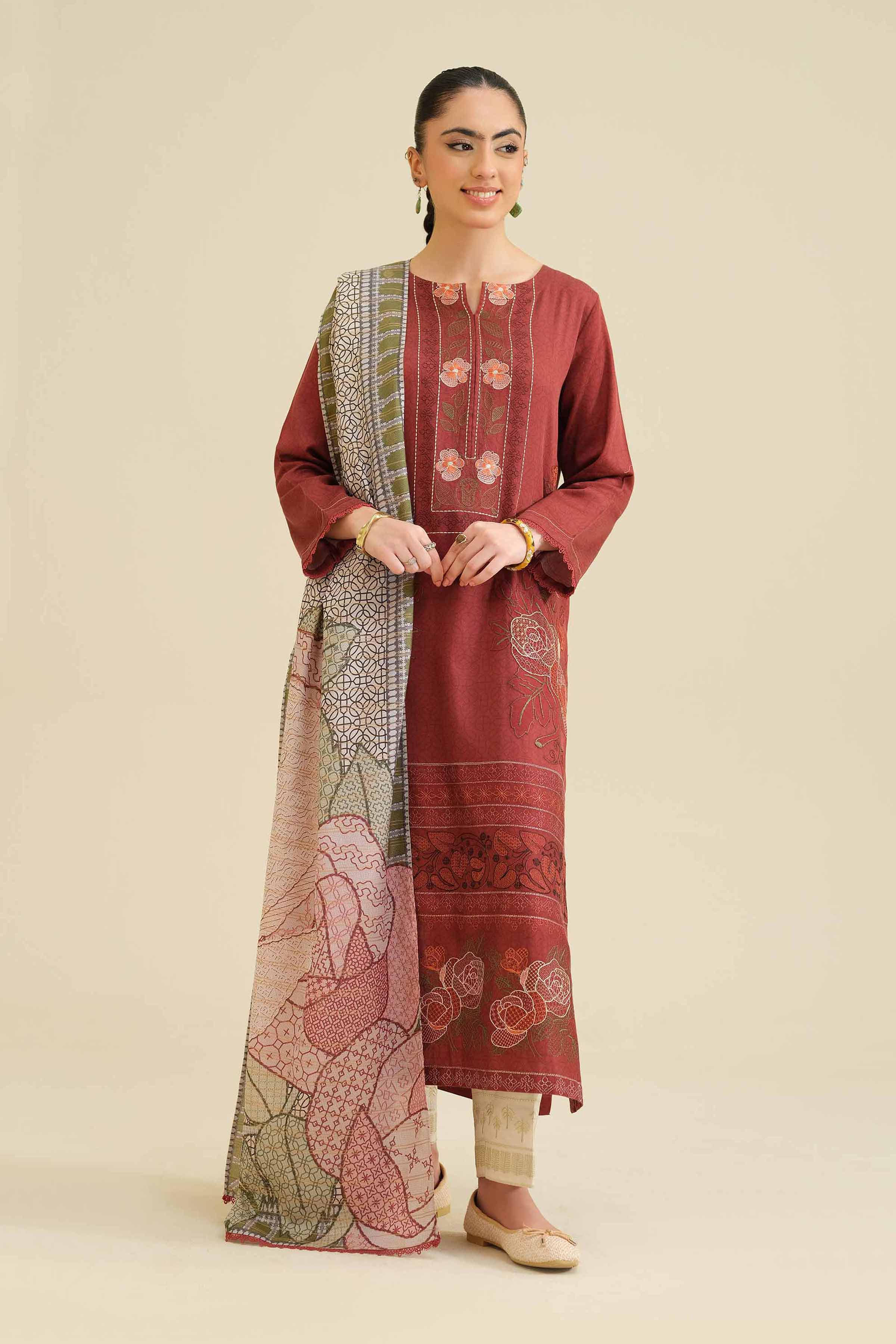 NISHATUAE - Maroon Embroidered Satin 2-piece Ready to wear Dress