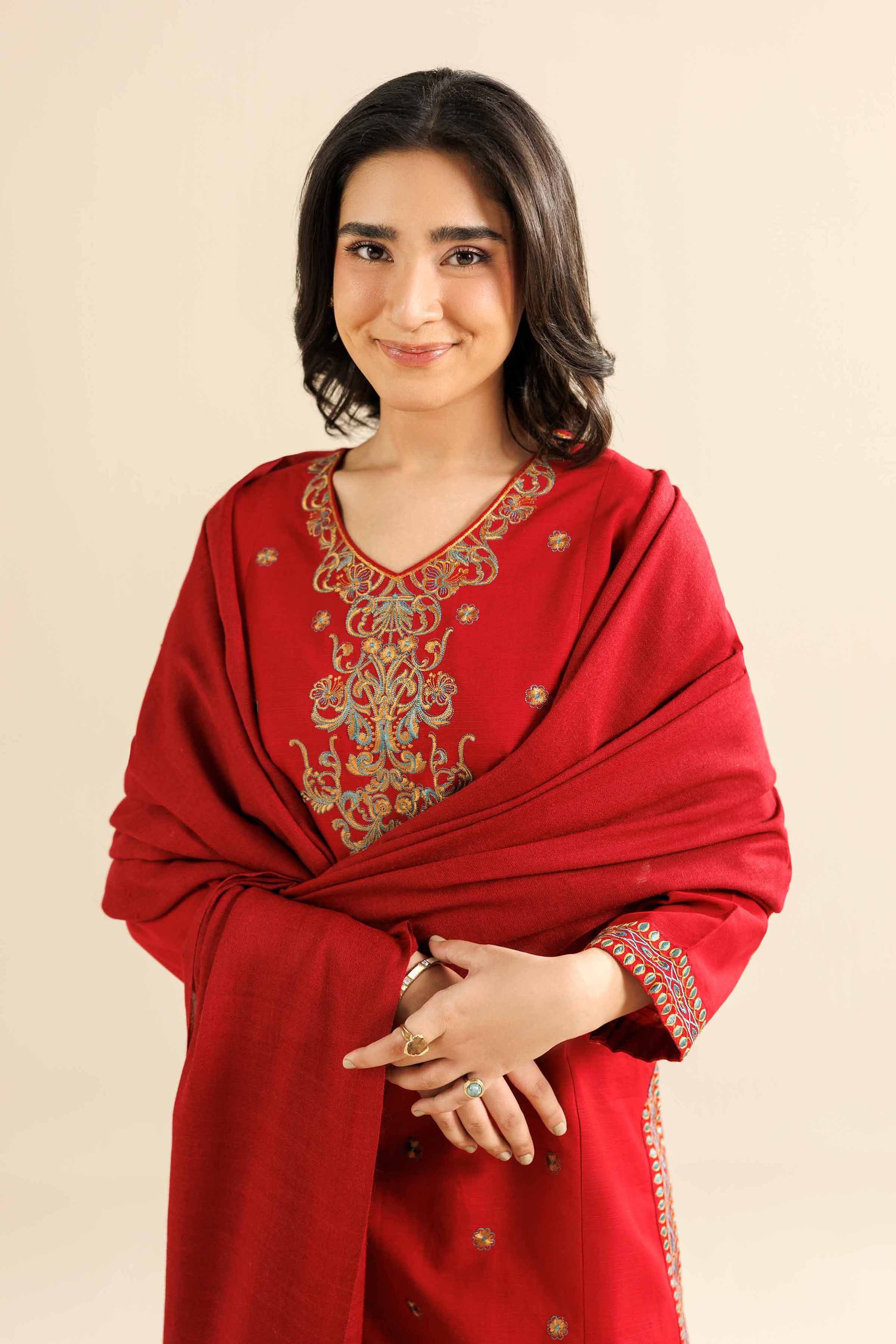 NISHATUAE - Red Embroidered Khaddar 2-piece Ready to wear Dress