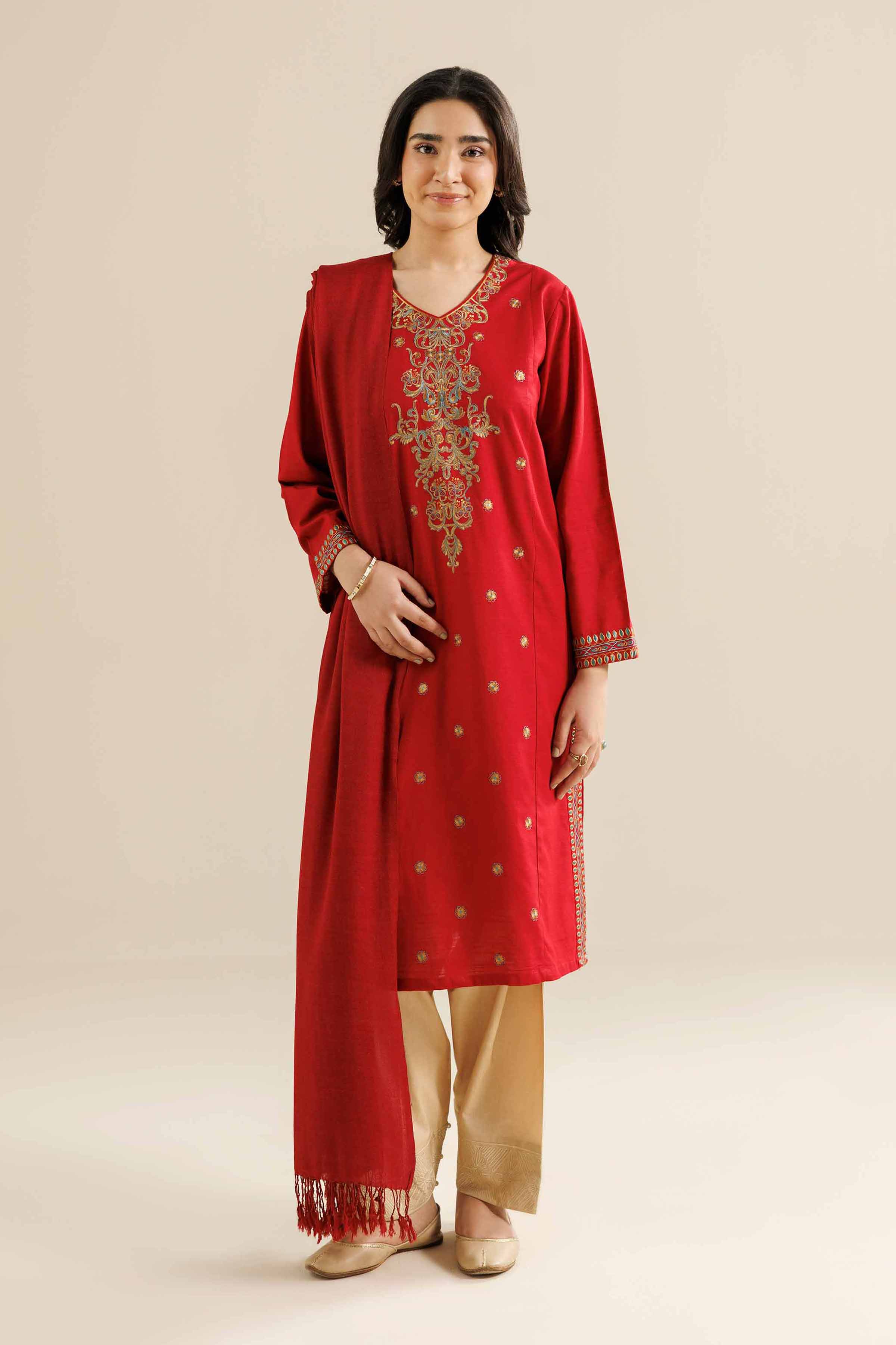 NISHATUAE - Red Embroidered Khaddar 2-piece Ready to wear Dress