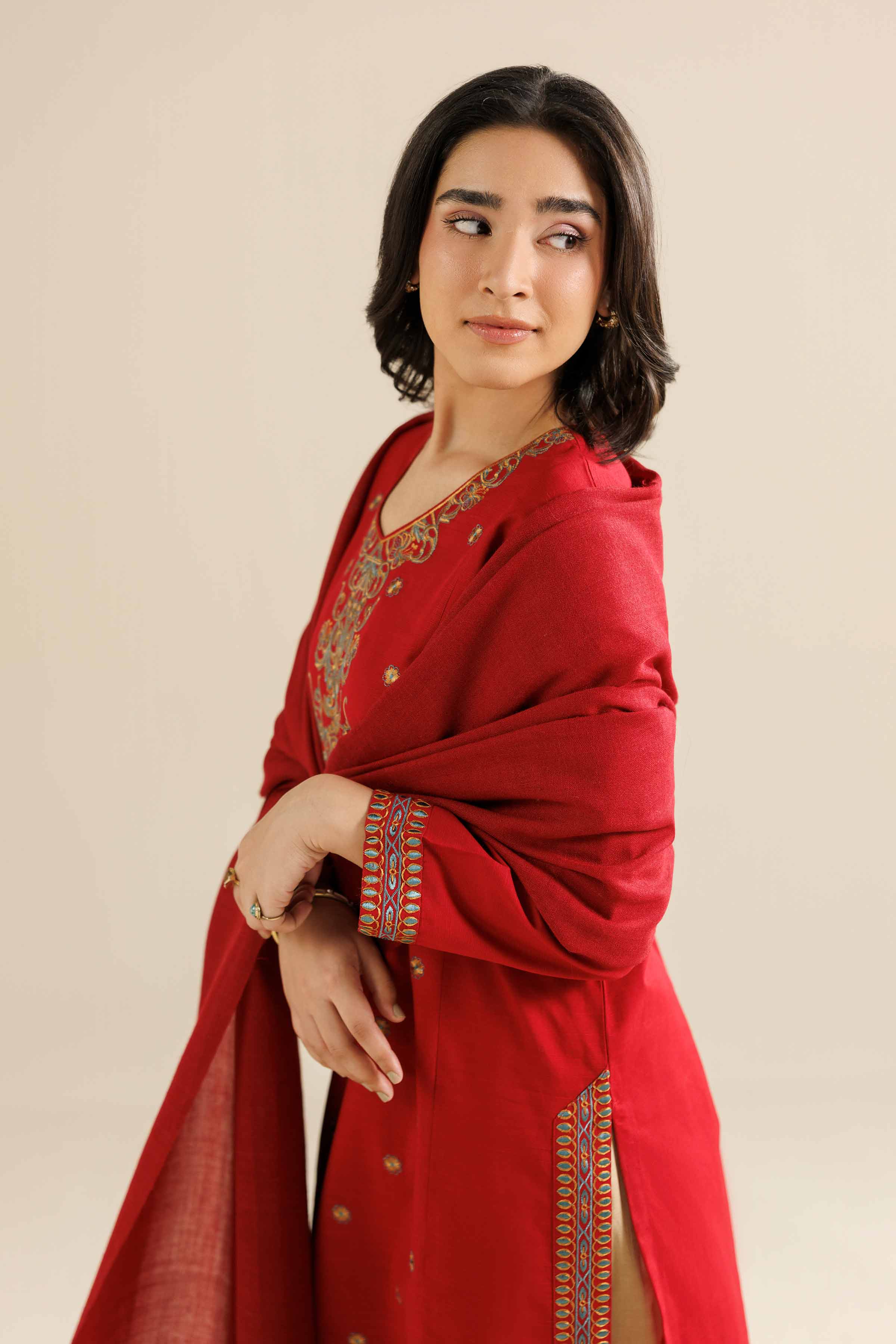 NISHATUAE - Red Embroidered Khaddar 2-piece Ready to wear Dress