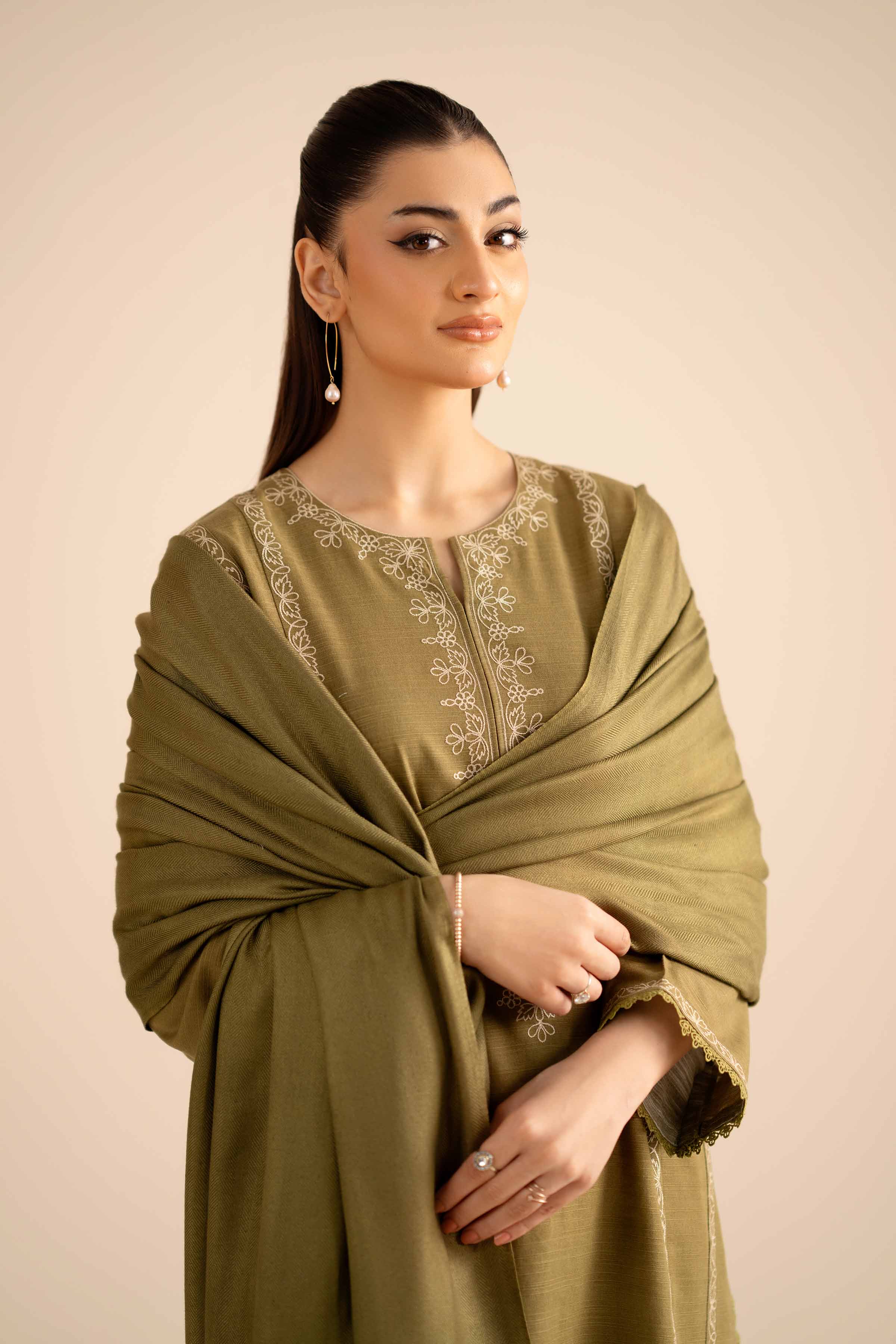 NISHATUAE - Olive Embroidered Khaddar 2-piece Ready to wear Dress