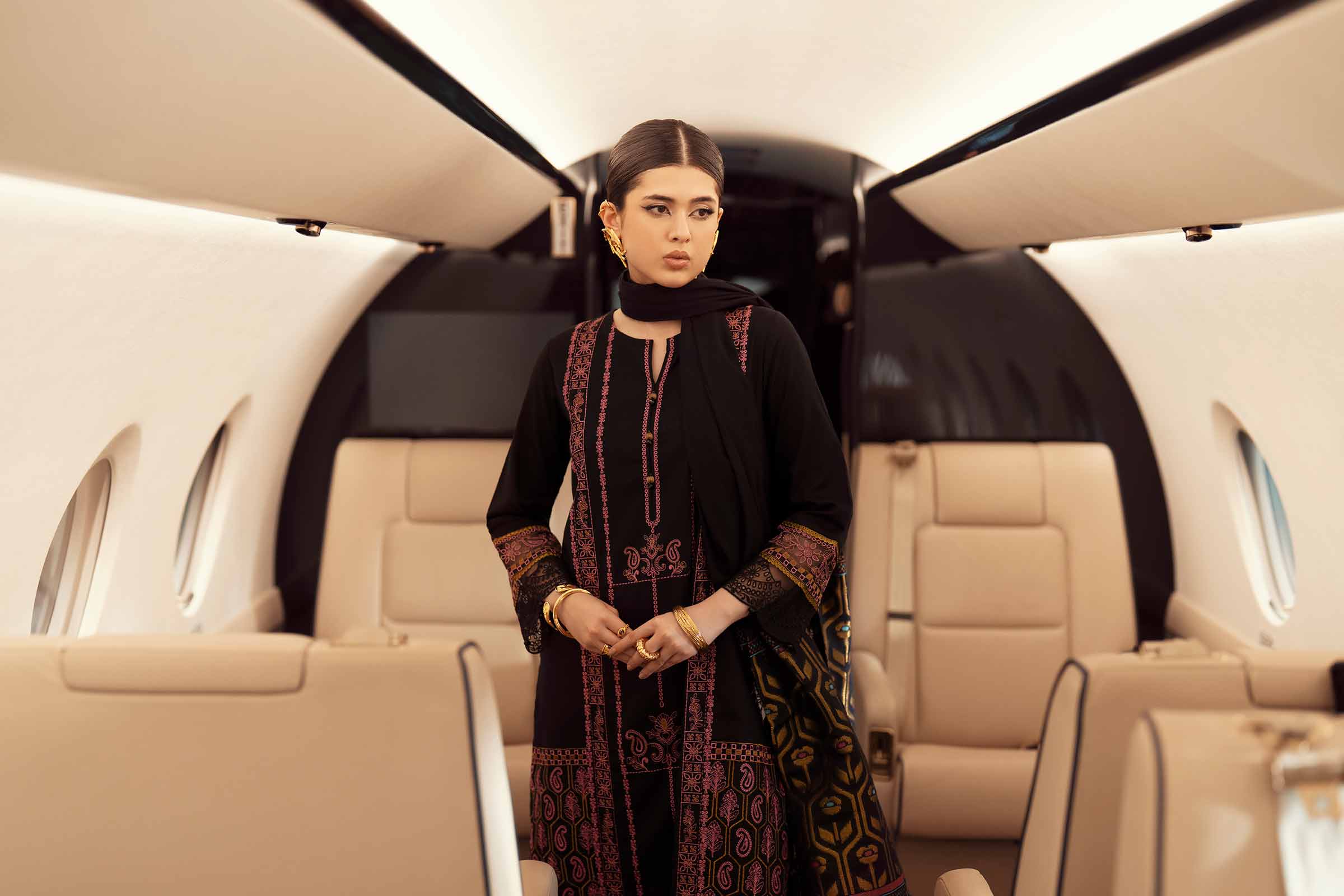 NISHATUAE - Black Embroidered Karandi 3-piece Ready to wear Suit